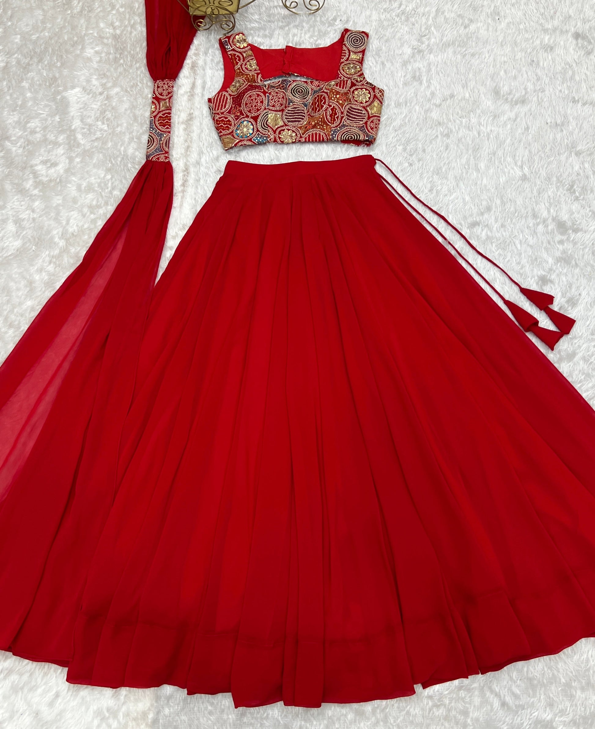 Lorenvalley Red Faux Georgette Stitched Lehenga Embroidery Blouse with Dupatta 