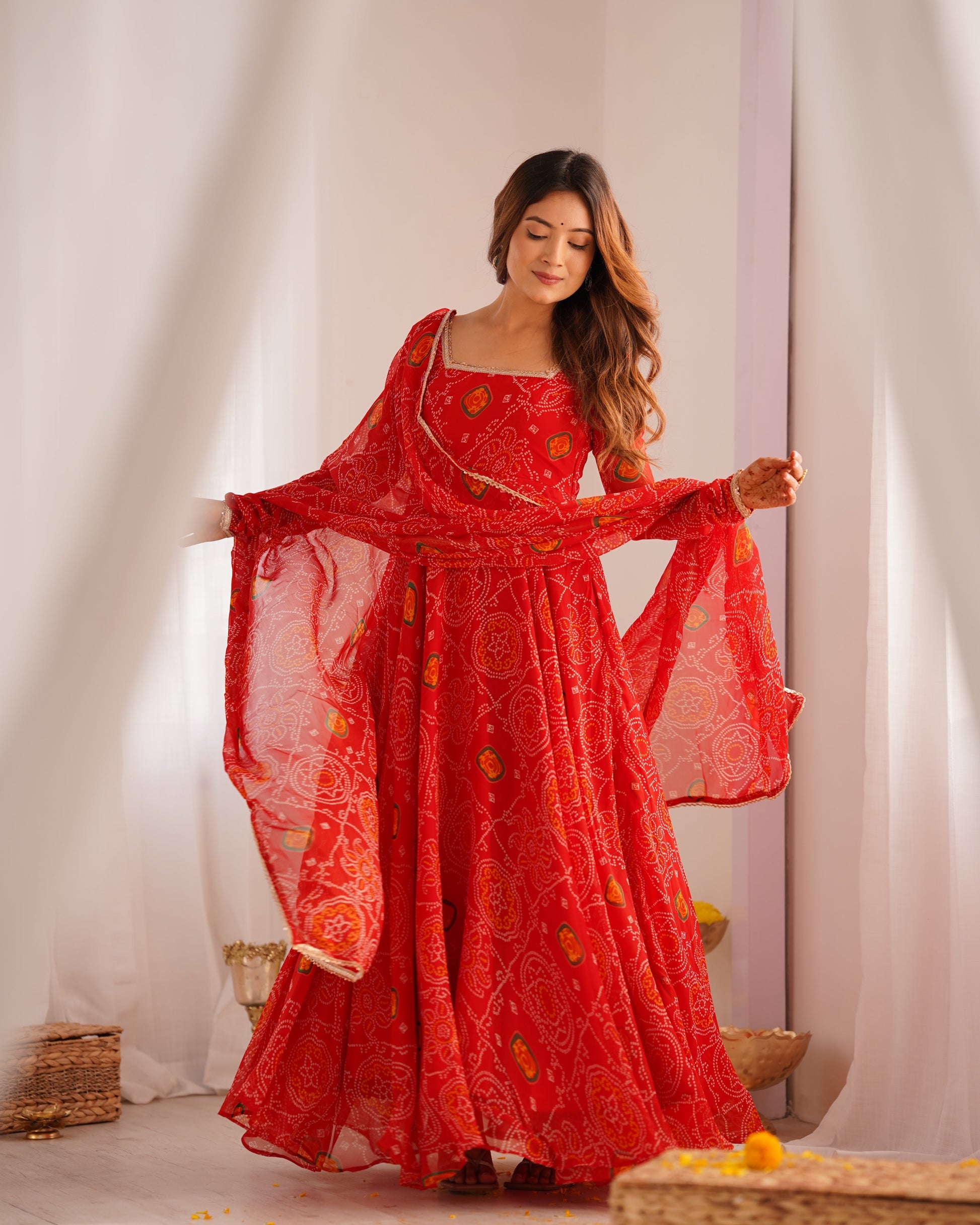 Lorenvalley Women Soft Lightweight Chiffon Bandhej Print Fabric Anarkali Kurta Pant With Dupatta Set 