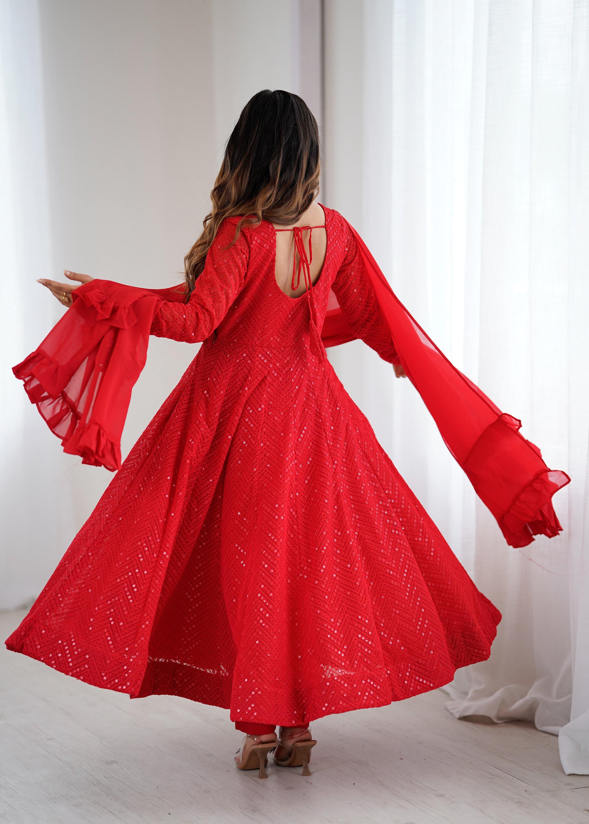 Lorenvalley Fashion Red Faux Georgette Lukhnowi Sequence Work Anarkali Kurta Pant With Dupatta Set 