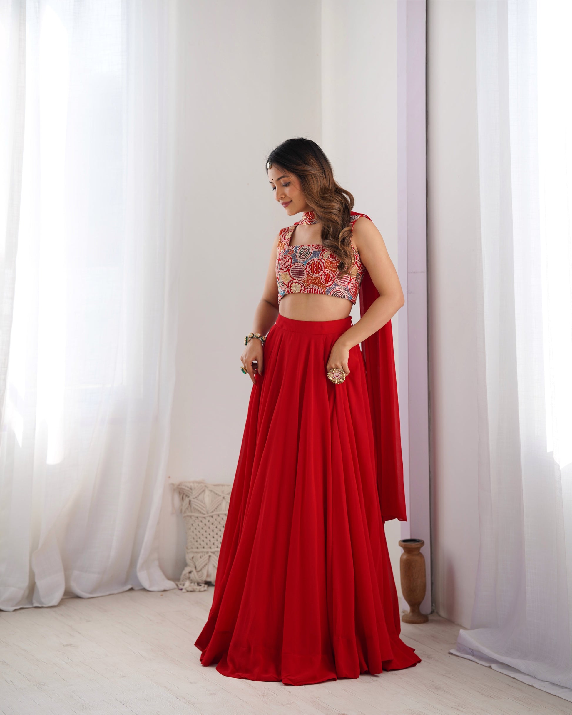 Lorenvalley Red Faux Georgette Stitched Lehenga Embroidery Blouse with Dupatta 