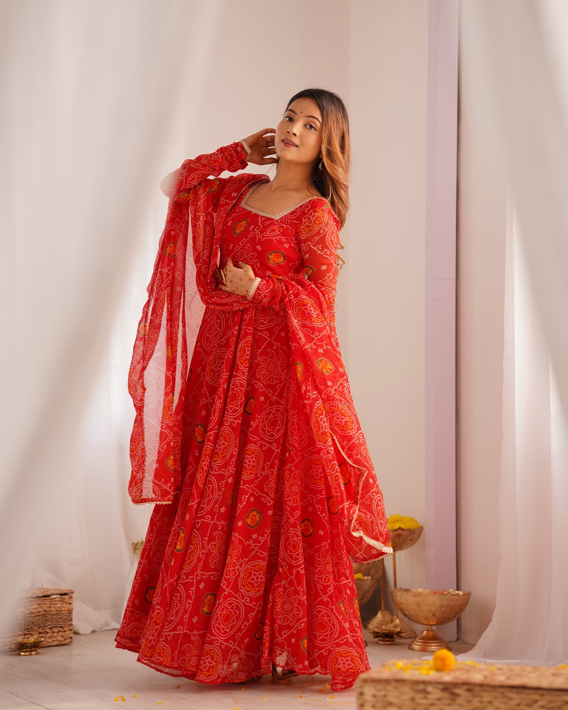 Lorenvalley Women Soft Lightweight Chiffon Bandhej Print Fabric Anarkali Kurta Pant With Dupatta Set 