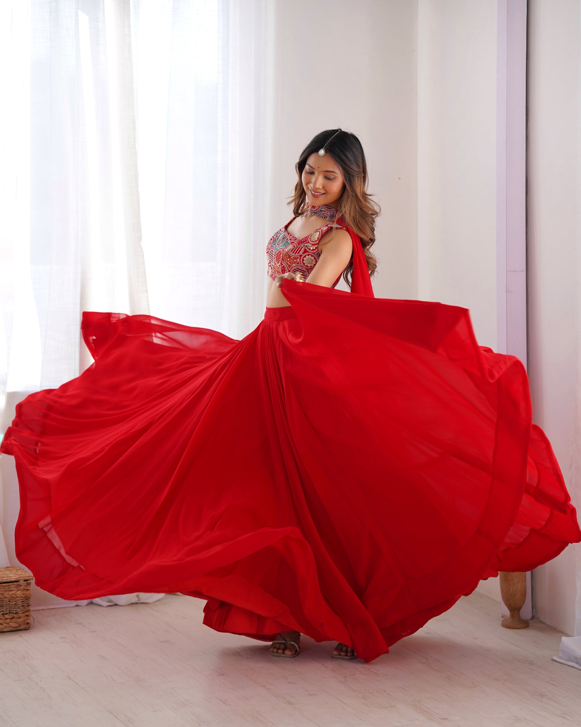 Lorenvalley Red Faux Georgette Stitched Lehenga Embroidery Blouse with Dupatta 