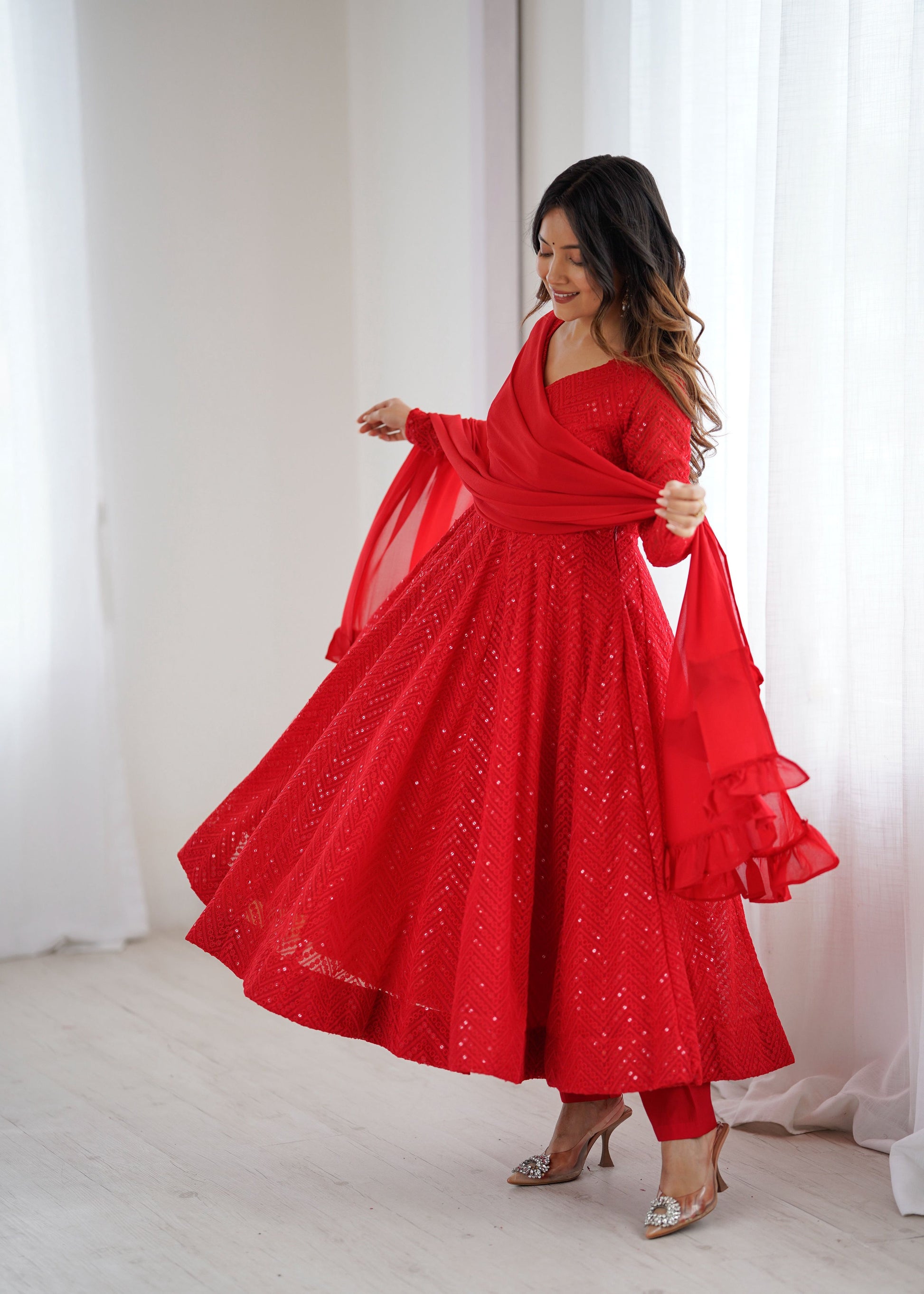 Lorenvalley Fashion Red Faux Georgette Lukhnowi Sequence Work Anarkali Kurta Pant With Dupatta Set 