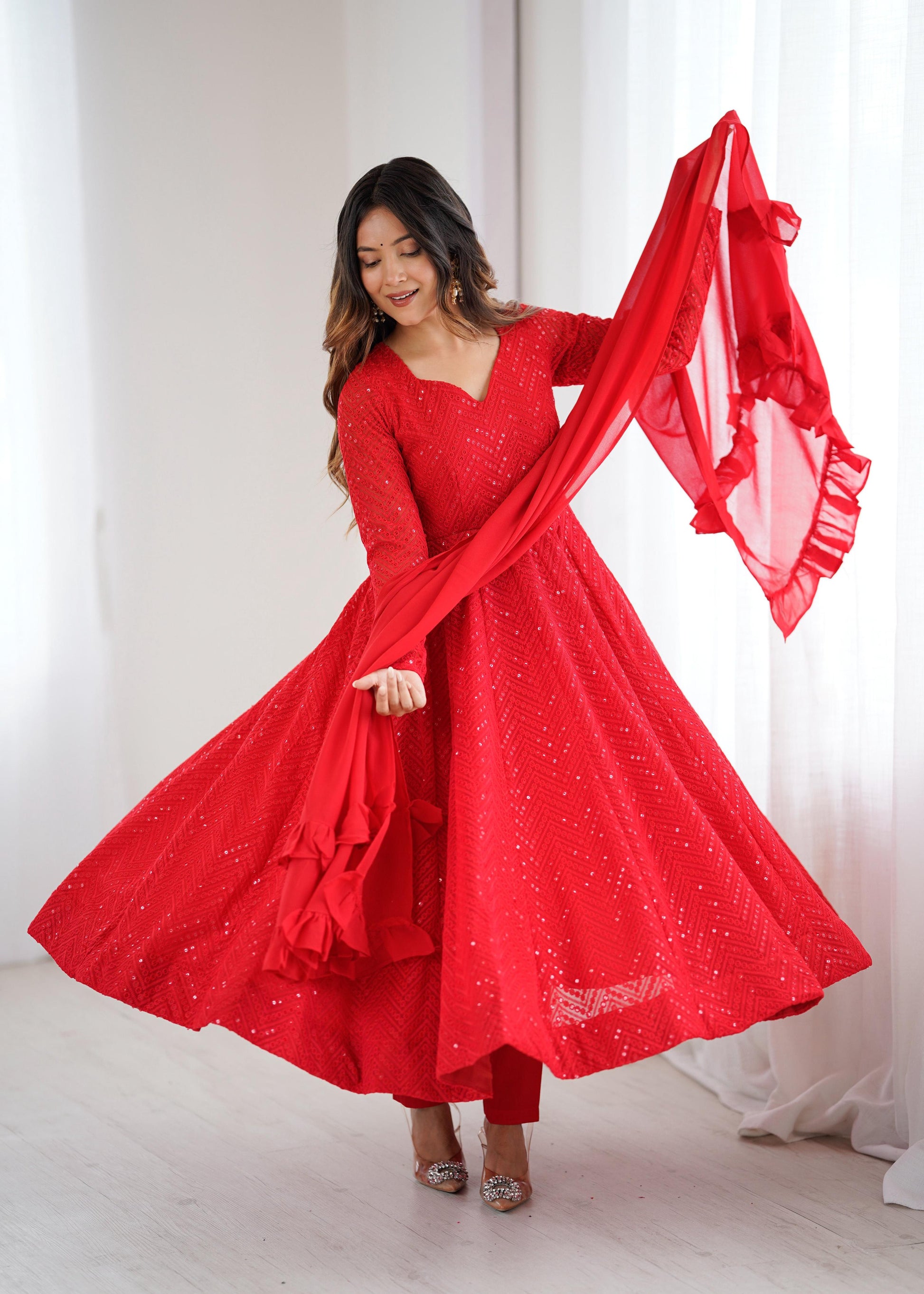Lorenvalley Fashion Red Faux Georgette Lukhnowi Sequence Work Anarkali Kurta Pant With Dupatta Set 