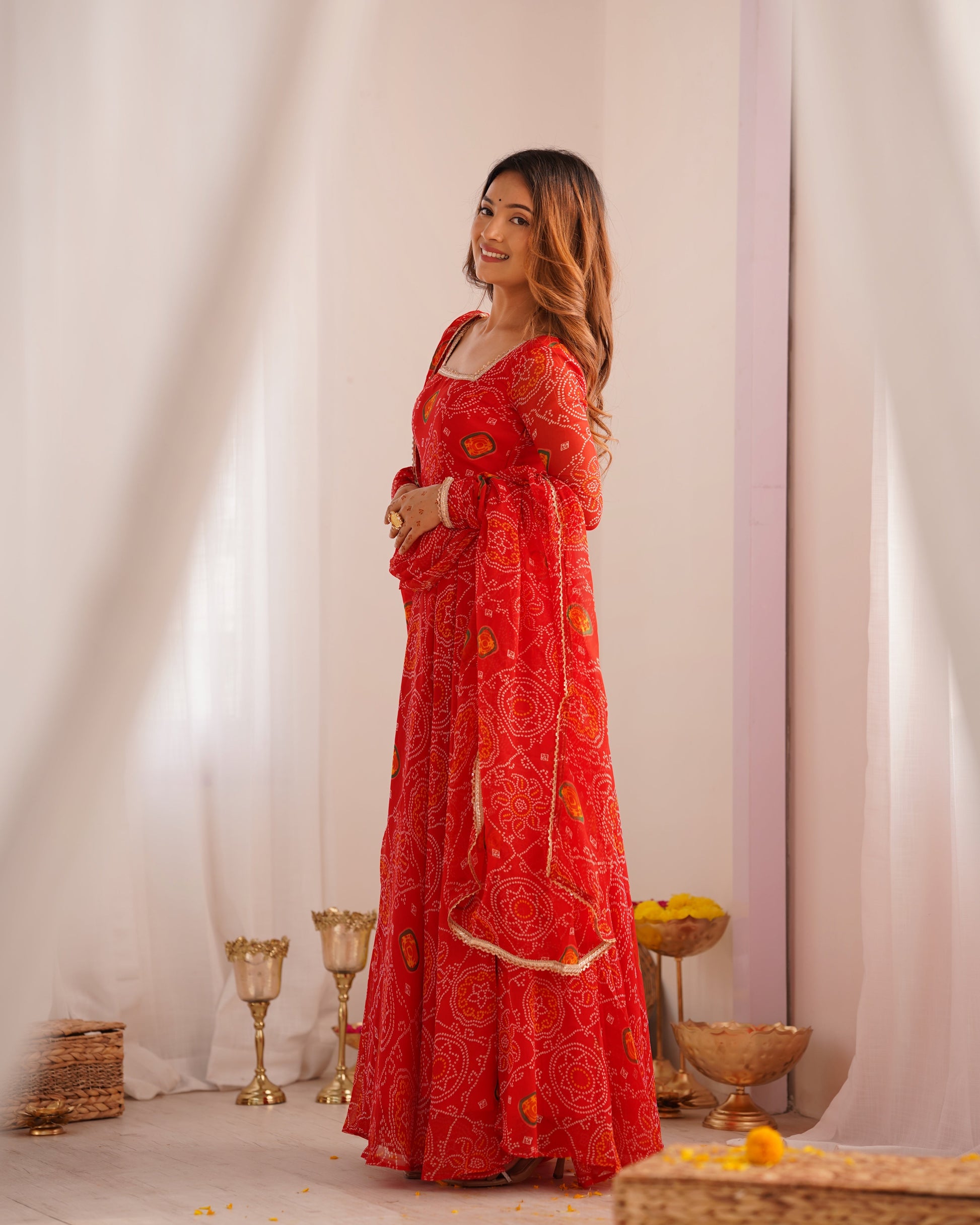 Lorenvalley Women Soft Lightweight Chiffon Bandhej Print Fabric Anarkali Kurta Pant With Dupatta Set 