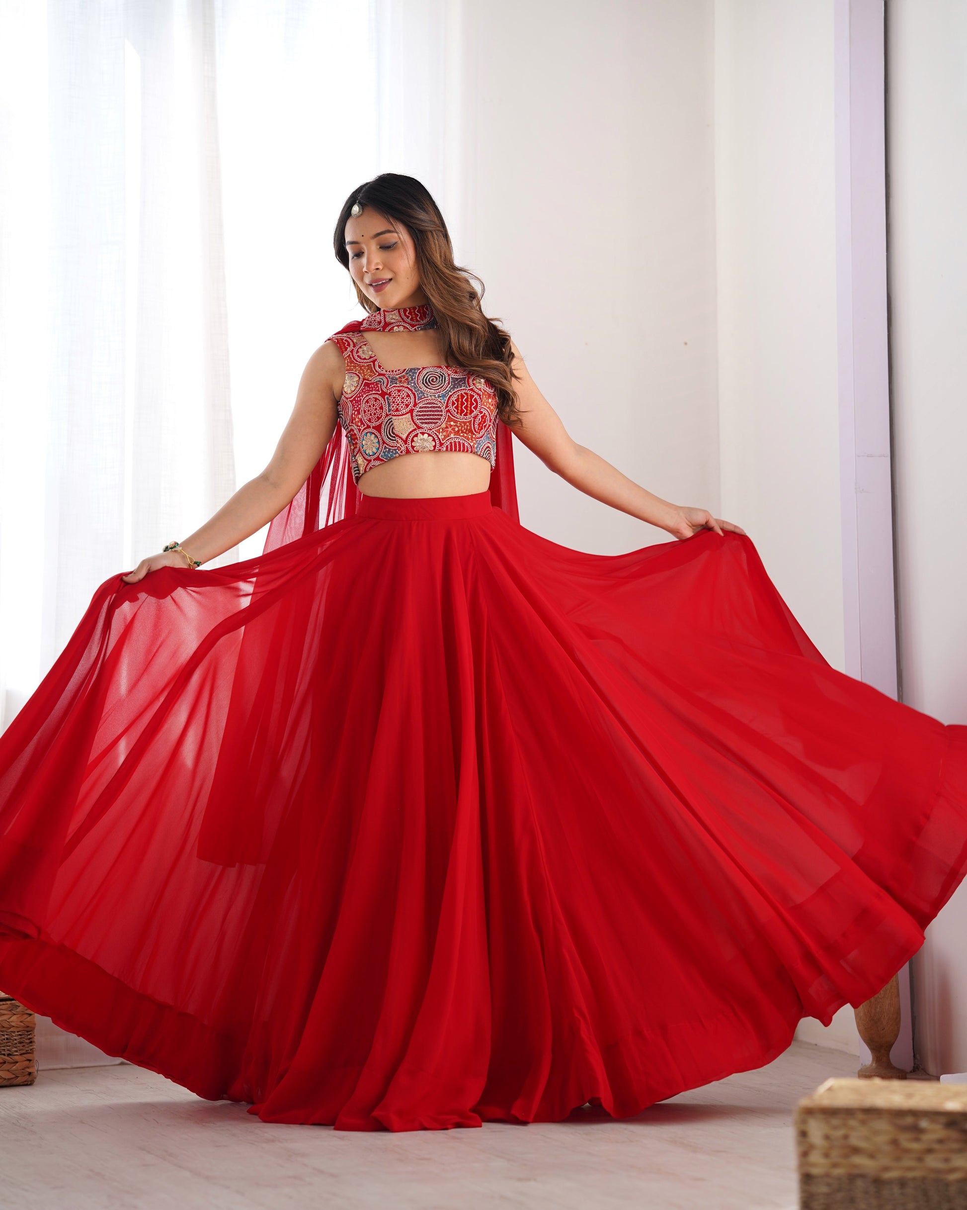 Lorenvalley Red Faux Georgette Stitched Lehenga Embroidery Blouse with Dupatta 