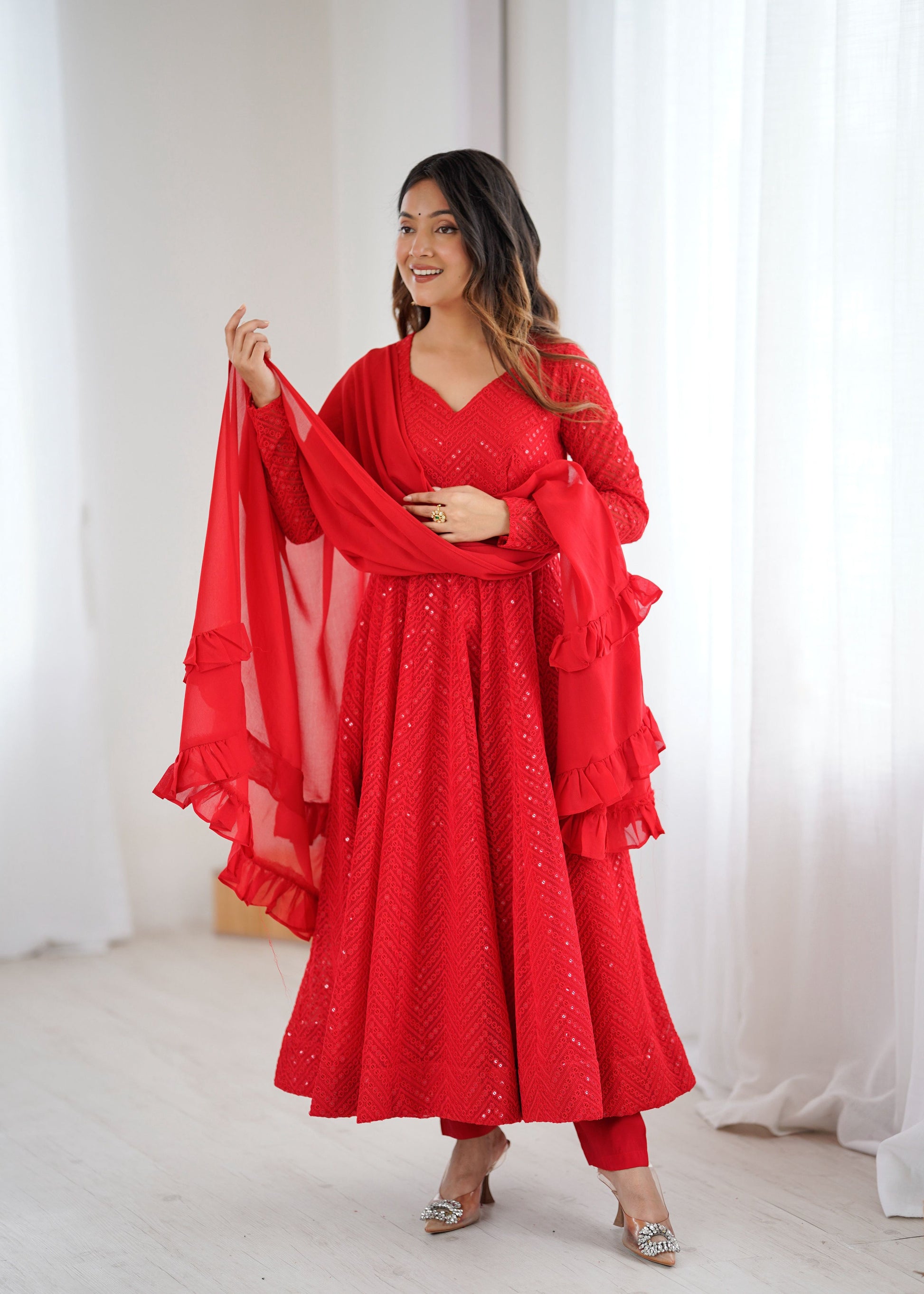 Lorenvalley Fashion Red Faux Georgette Lukhnowi Sequence Work Anarkali Kurta Pant With Dupatta Set 