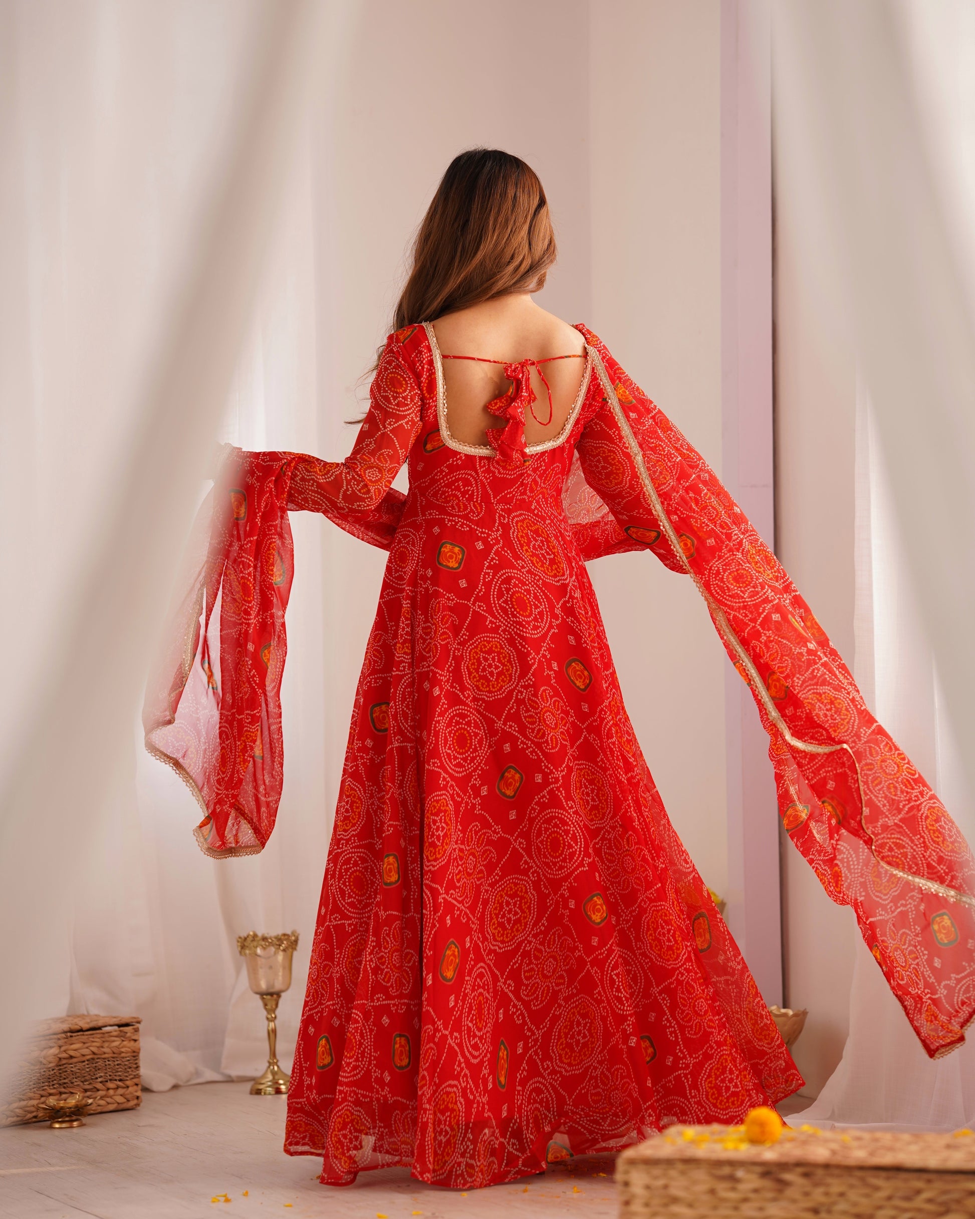 Lorenvalley Women Soft Lightweight Chiffon Bandhej Print Fabric Anarkali Kurta Pant With Dupatta Set 
