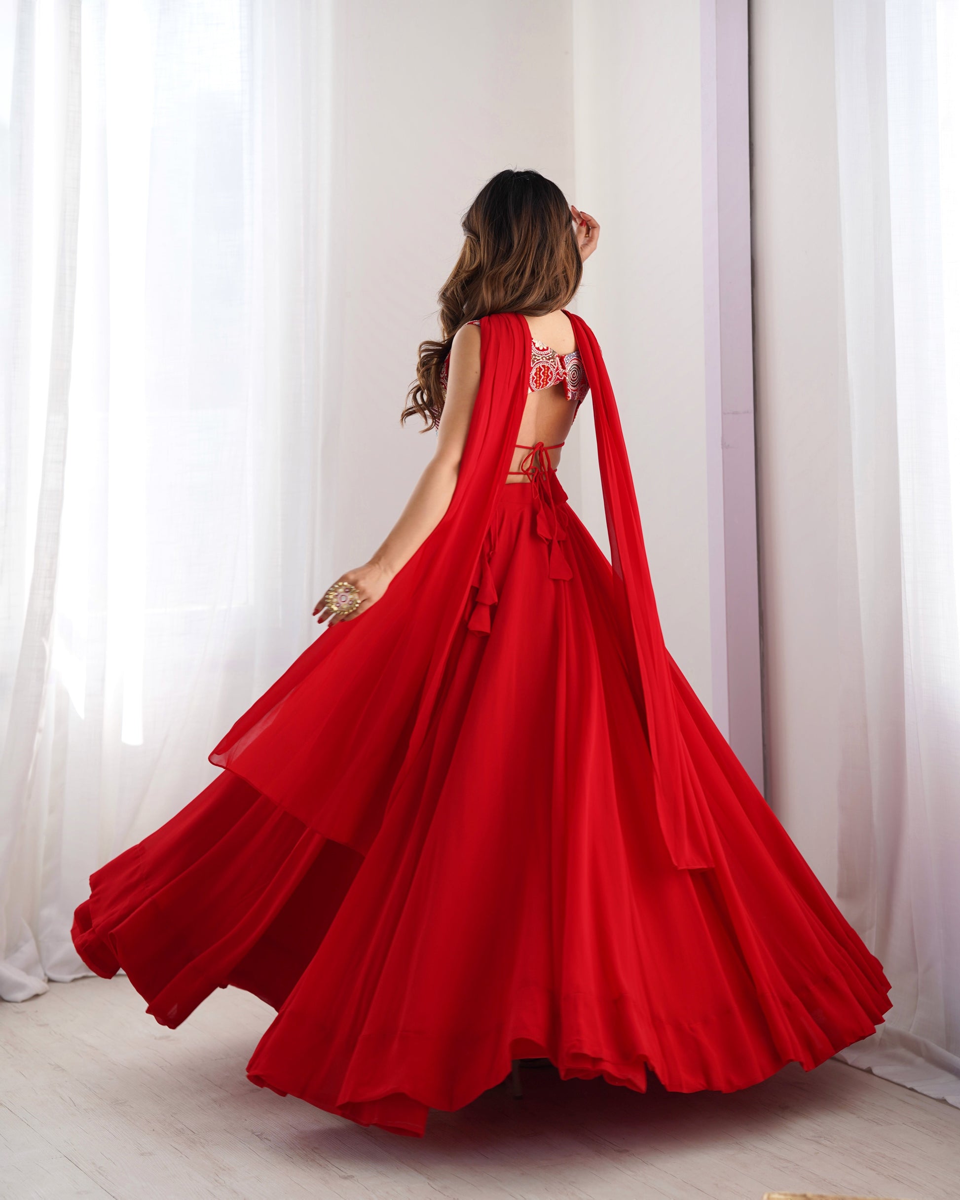 Lorenvalley Red Faux Georgette Stitched Lehenga Embroidery Blouse with Dupatta 