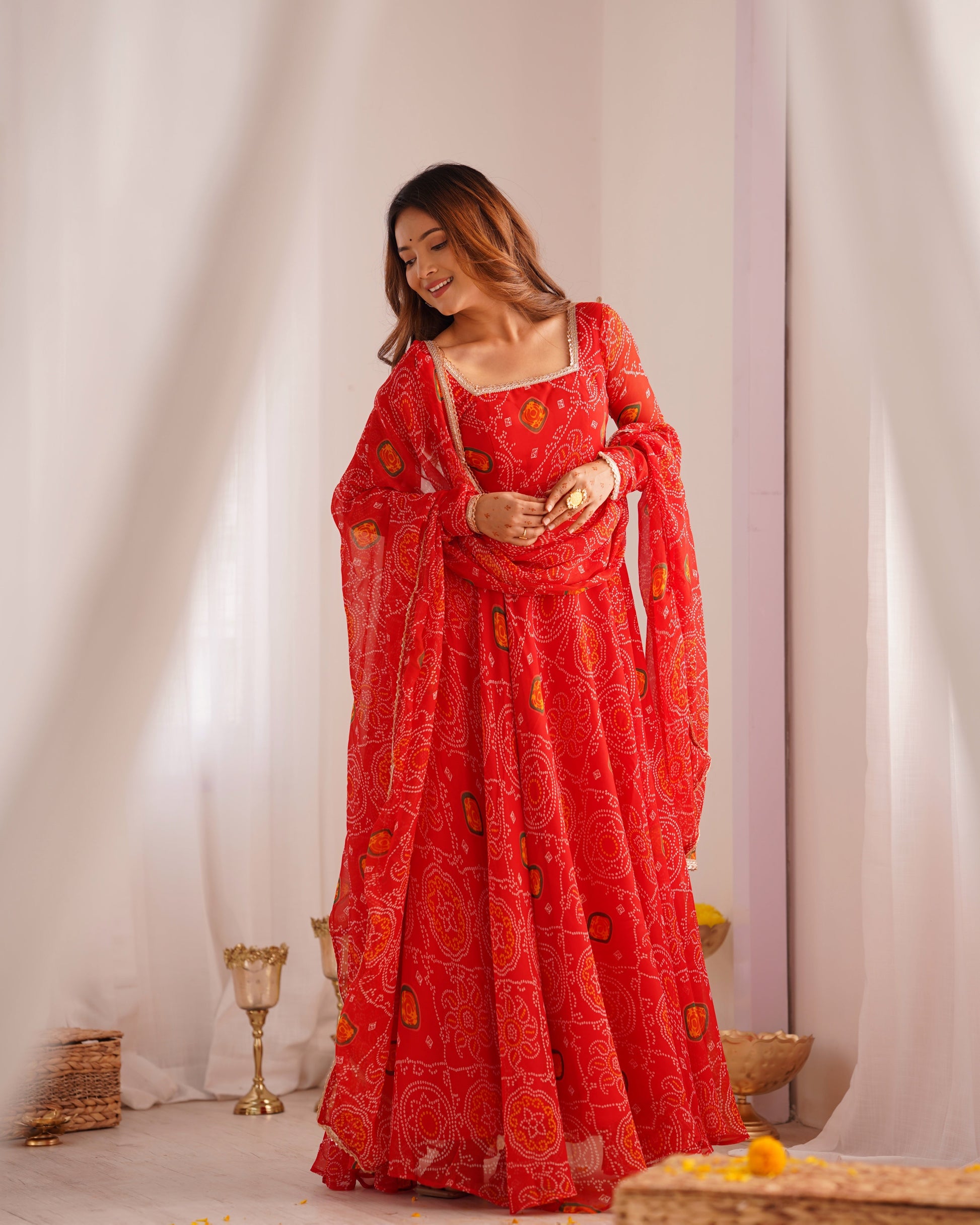 Lorenvalley Women Soft Lightweight Chiffon Bandhej Print Fabric Anarkali Kurta Pant With Dupatta Set 