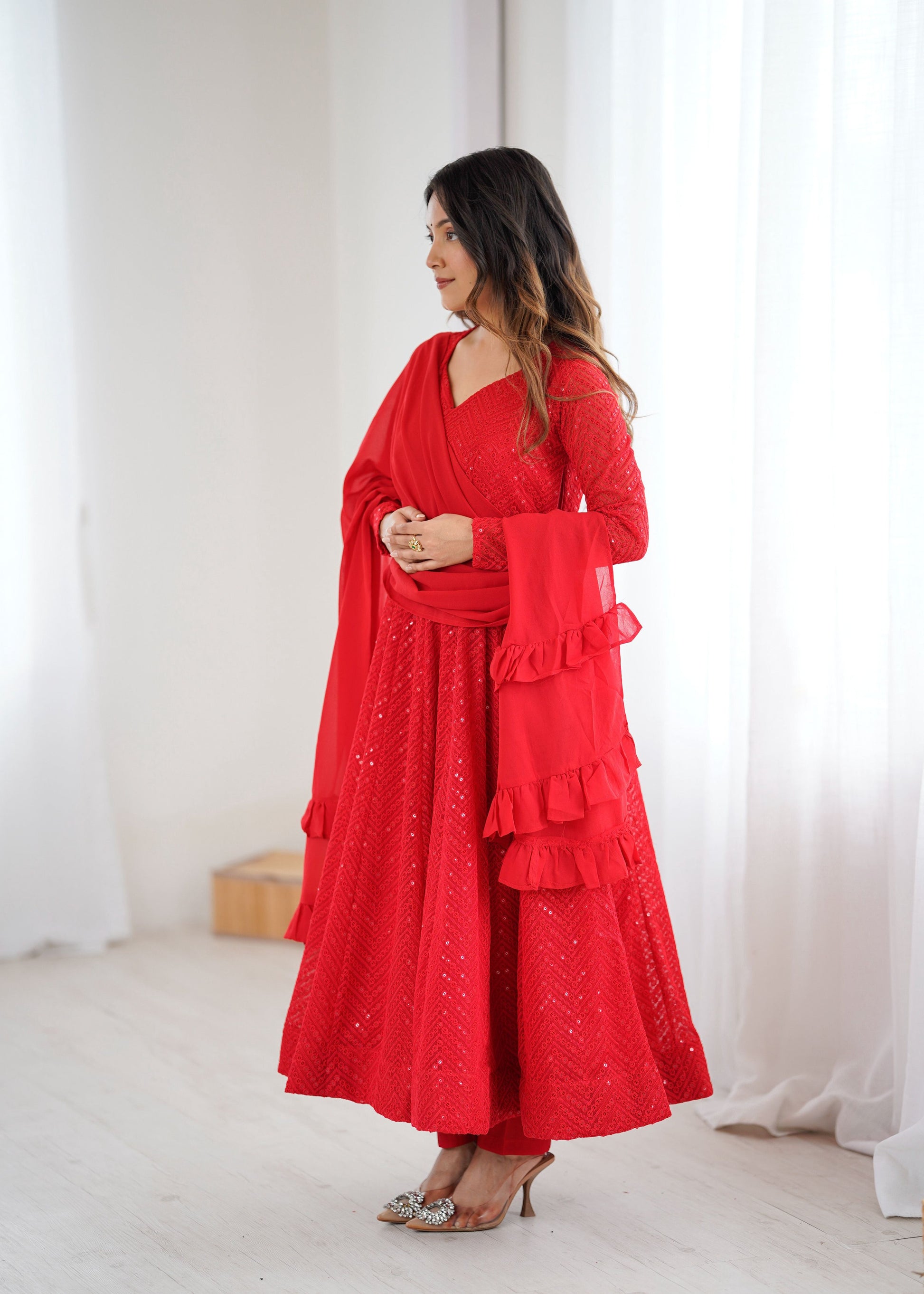 Lorenvalley Fashion Red Faux Georgette Lukhnowi Sequence Work Anarkali Kurta Pant With Dupatta Set 