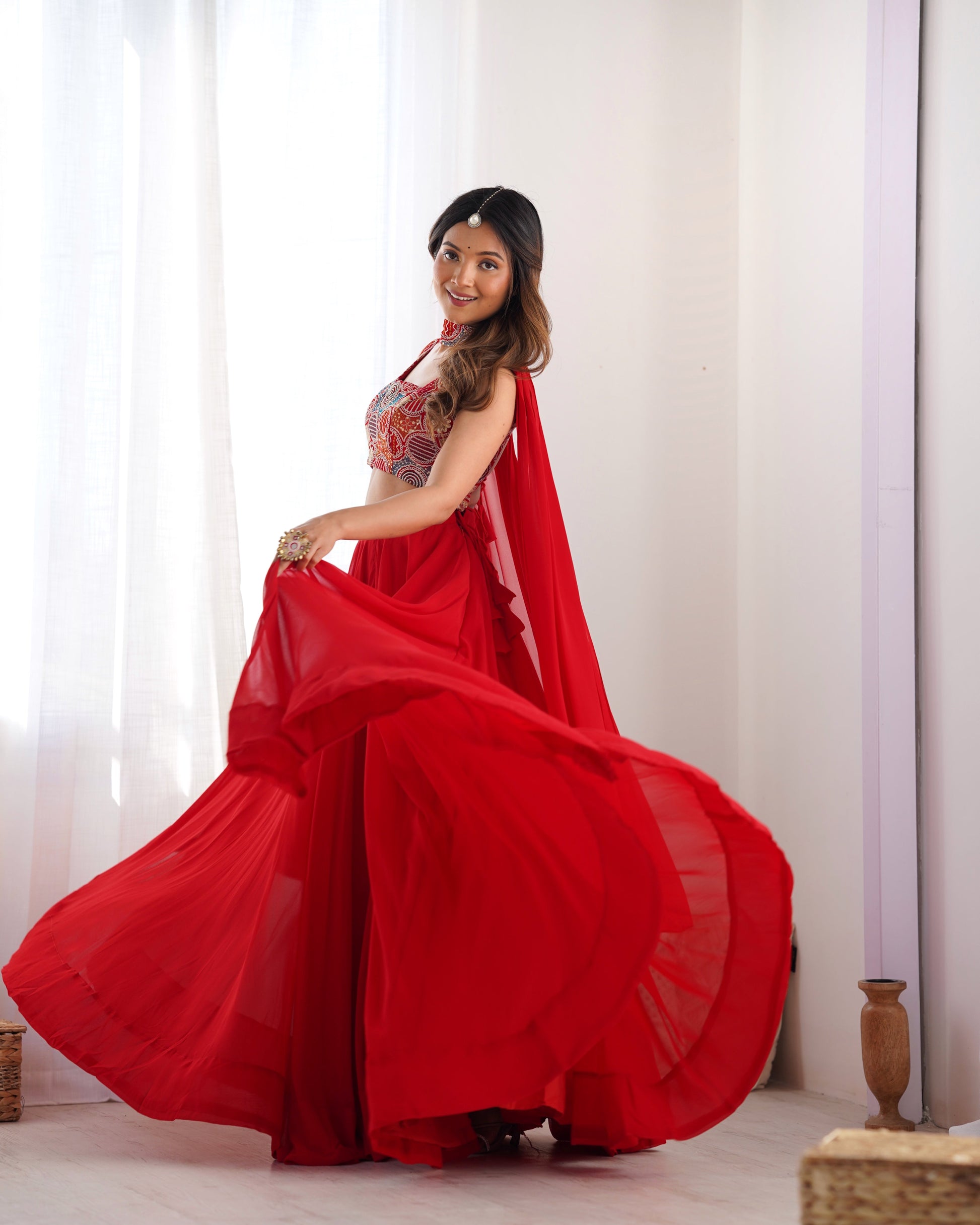 Lorenvalley Red Faux Georgette Stitched Lehenga Embroidery Blouse with Dupatta 