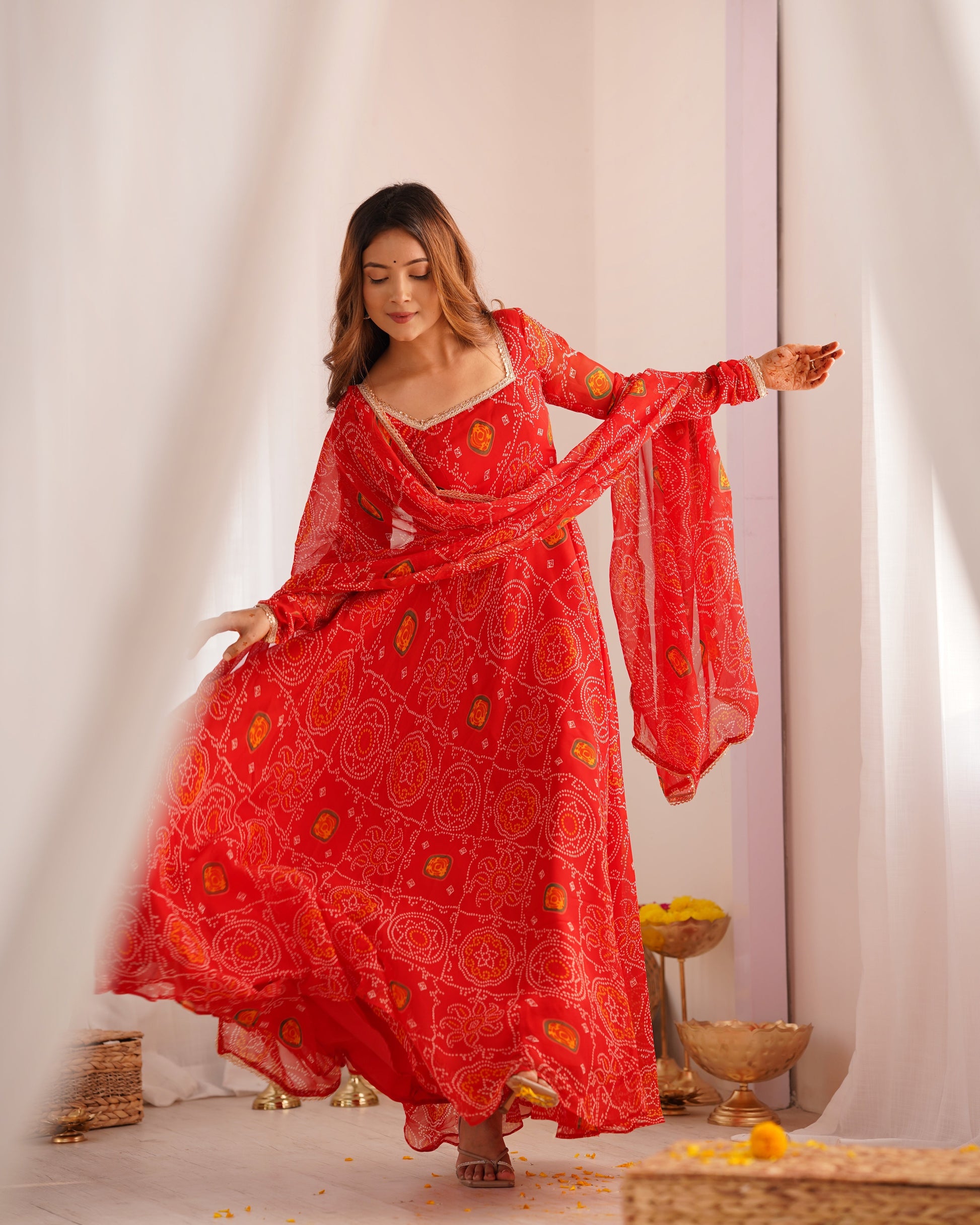 Lorenvalley Women Soft Lightweight Chiffon Bandhej Print Fabric Anarkali Kurta Pant With Dupatta Set 