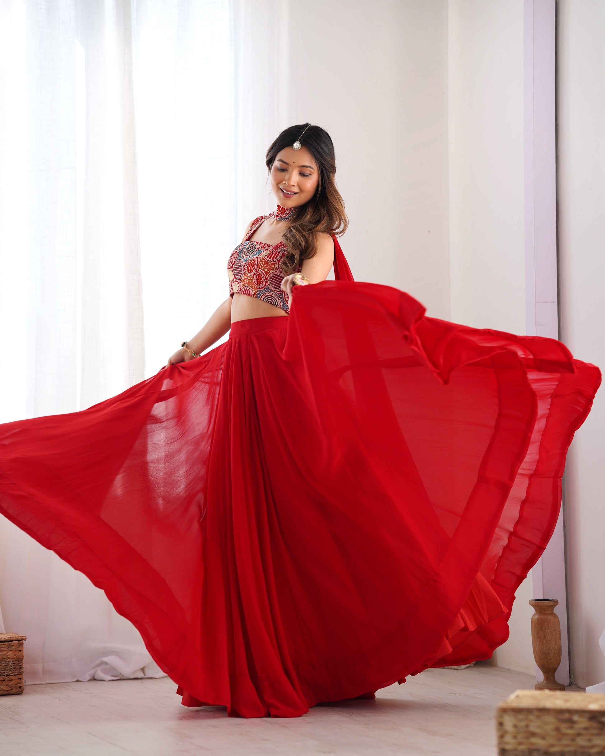 Lorenvalley Red Faux Georgette Stitched Lehenga Embroidery Blouse with Dupatta 
