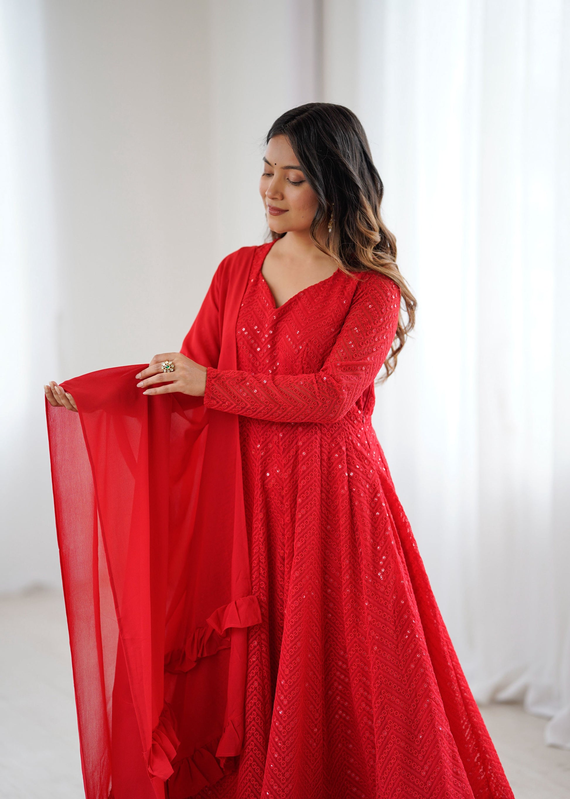 Lorenvalley Fashion Red Faux Georgette Lukhnowi Sequence Work Anarkali Kurta Pant With Dupatta Set 