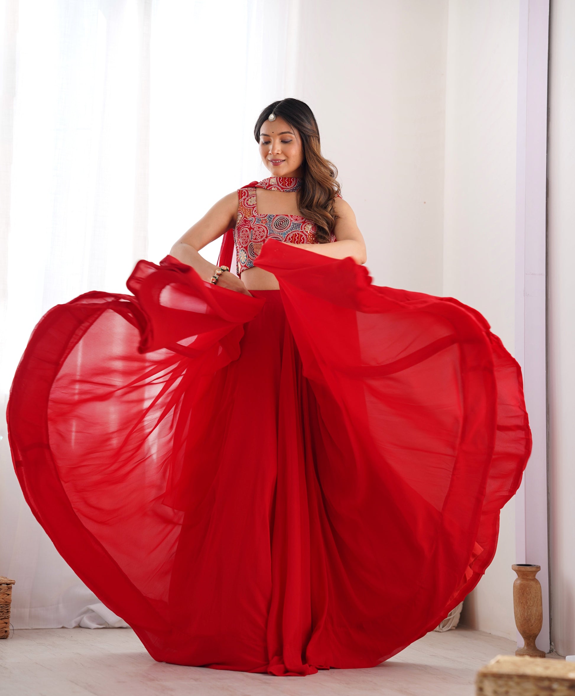 Lorenvalley Red Faux Georgette Stitched Lehenga Embroidery Blouse with Dupatta 
