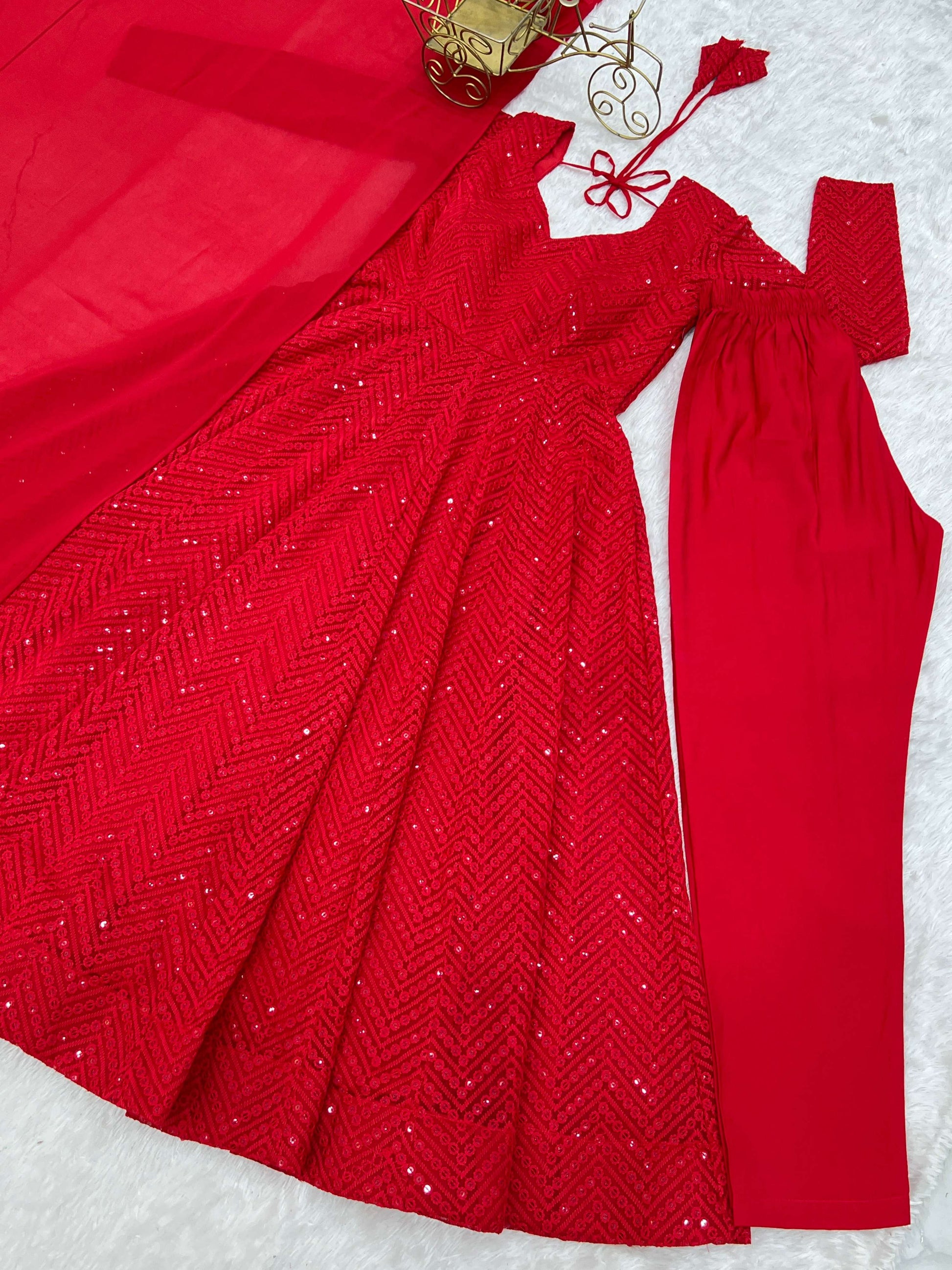 Lorenvalley Fashion Red Faux Georgette Lukhnowi Sequence Work Anarkali Kurta Pant With Dupatta Set 