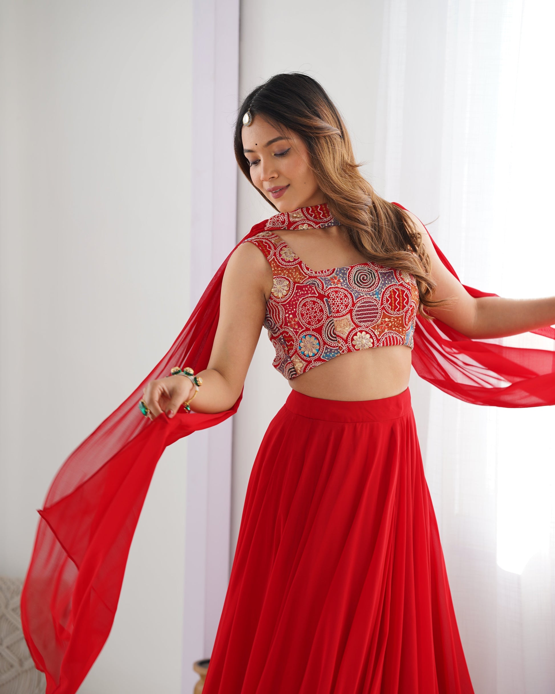 Lorenvalley Red Faux Georgette Stitched Lehenga Embroidery Blouse with Dupatta 