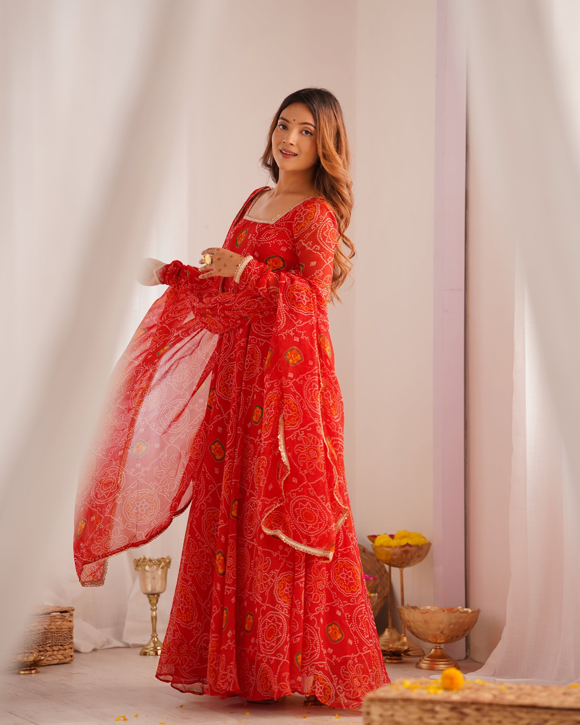 Lorenvalley Women Soft Lightweight Chiffon Bandhej Print Fabric Anarkali Kurta Pant With Dupatta Set 