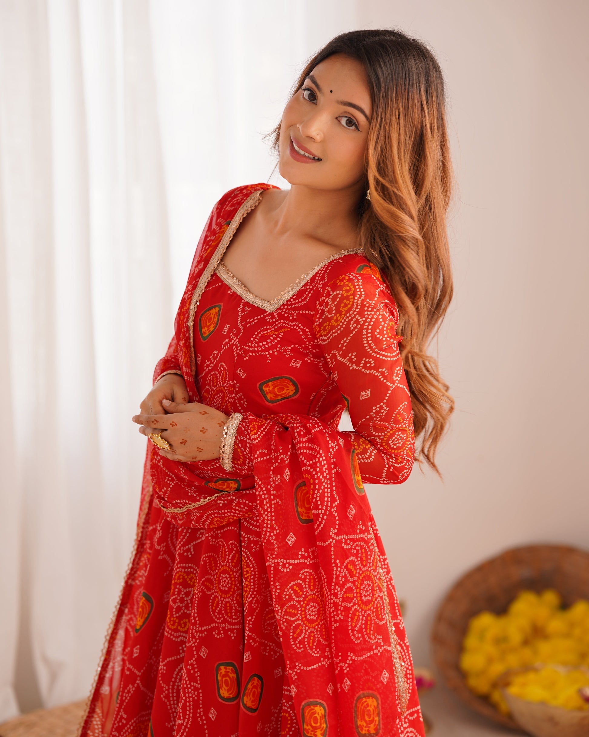 Lorenvalley Women Soft Lightweight Chiffon Bandhej Print Fabric Anarkali Kurta Pant With Dupatta Set 