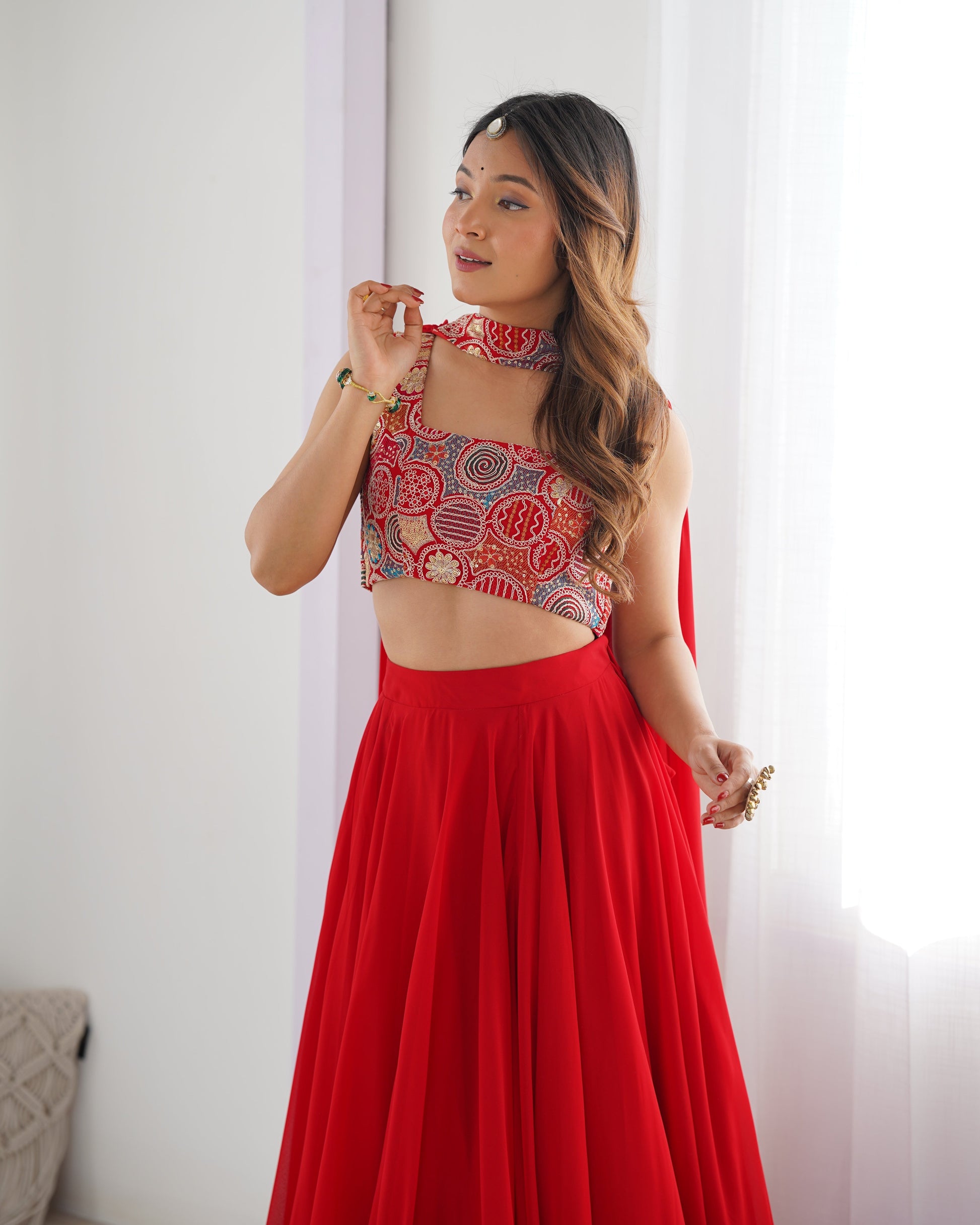 Lorenvalley Red Faux Georgette Stitched Lehenga Embroidery Blouse with Dupatta 