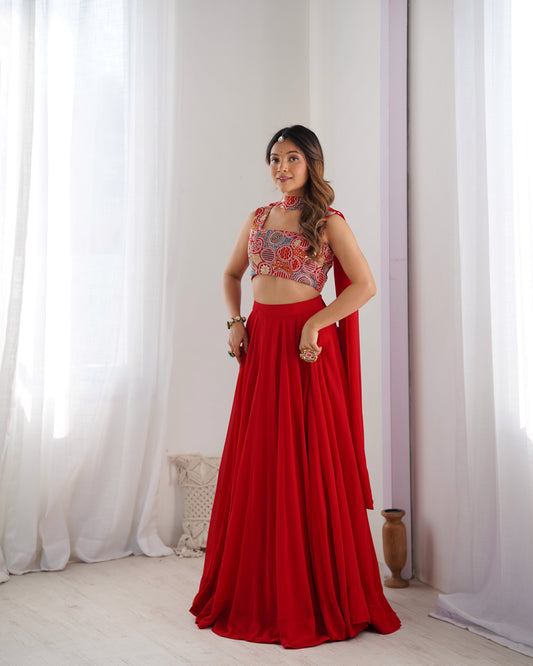 Lorenvalley Red Faux Georgette Stitched Lehenga Embroidery Blouse with Dupatta 