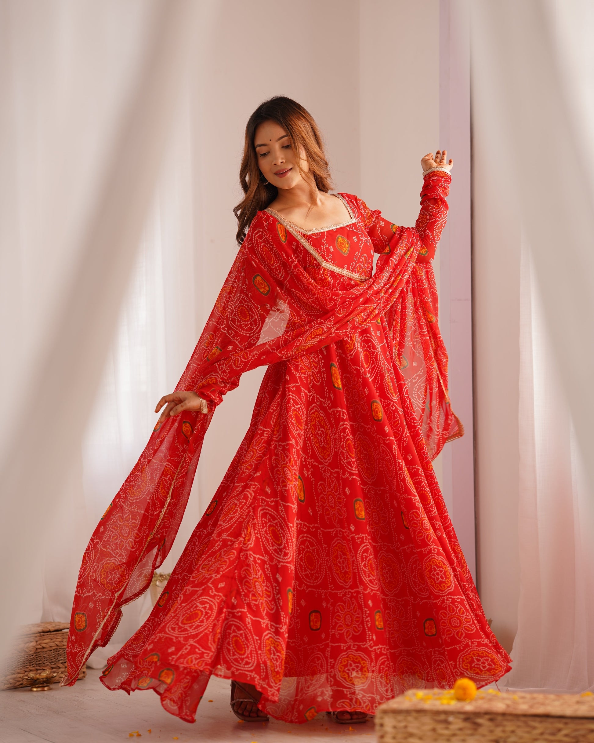 Lorenvalley Women Soft Lightweight Chiffon Bandhej Print Fabric Anarkali Kurta Pant With Dupatta Set 