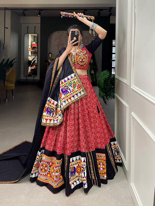 Lorenvalley Red Pure Cotton Lehenga Choli Embellishes With Gamthi Work And Mirror Work Touch Up To Make Everyone Feel The Stories Of Navratri Traditions 
