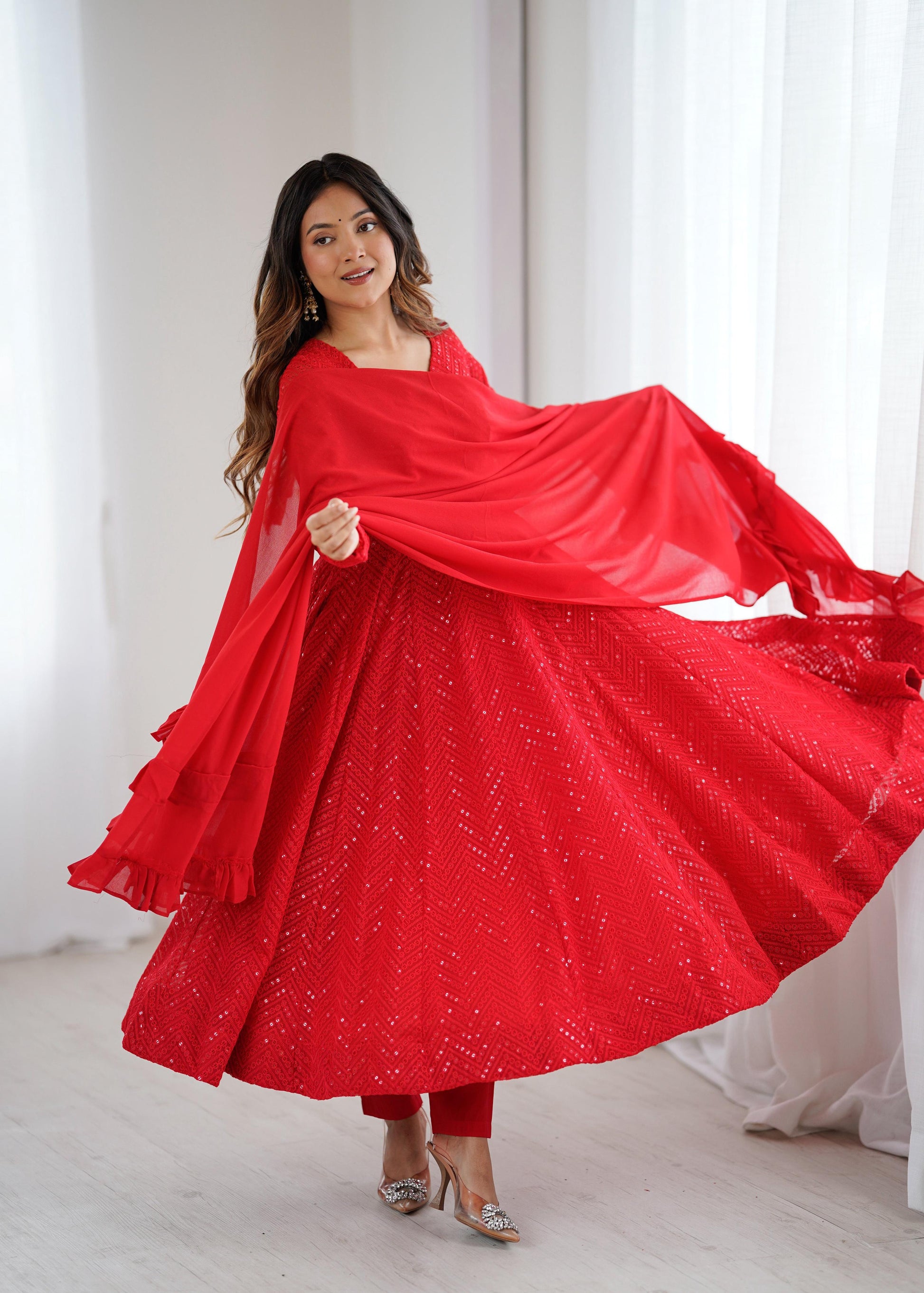 Lorenvalley Fashion Red Faux Georgette Lukhnowi Sequence Work Anarkali Kurta Pant With Dupatta Set 
