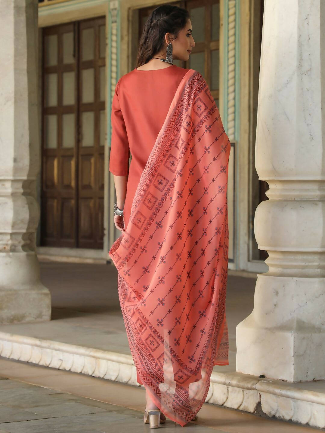 Juniper Women's Rust Silk Solid Embroidered Kurta Set