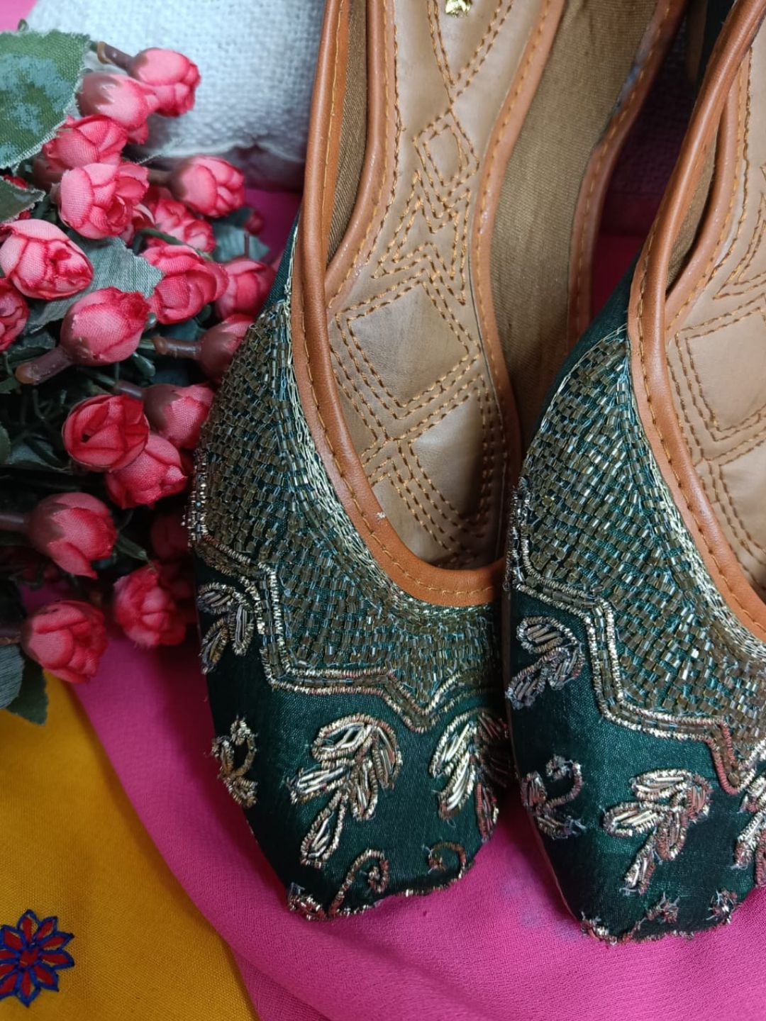 Desi Colour Women Indian Ethnic Footwear-Party Wear Green Dabka Work