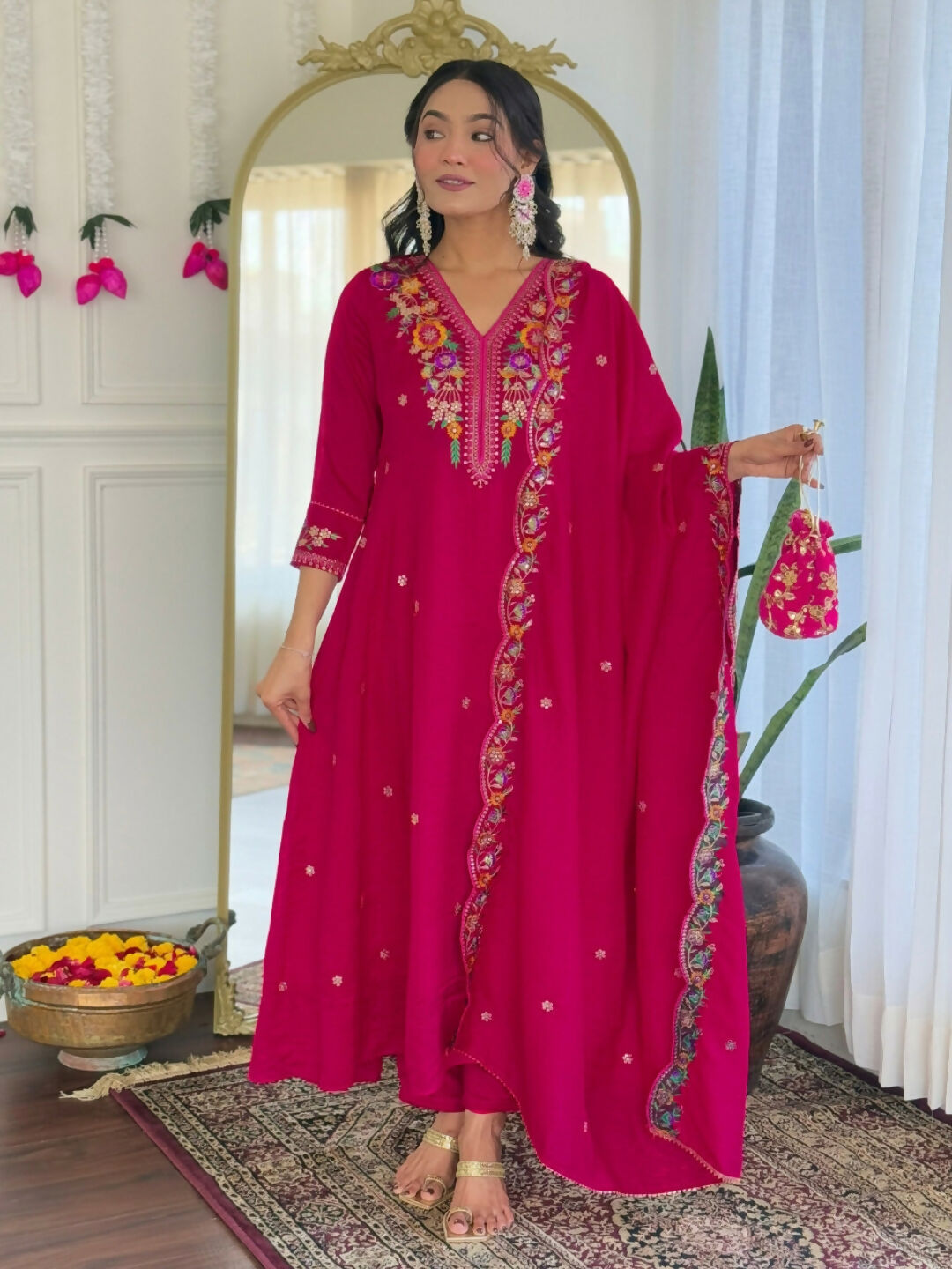 The52 Rani Women's Beautiful Embroidered Work Vichitra Silk Fabric Straight Kurta Pant and Dupatta Set | Grab2Buy