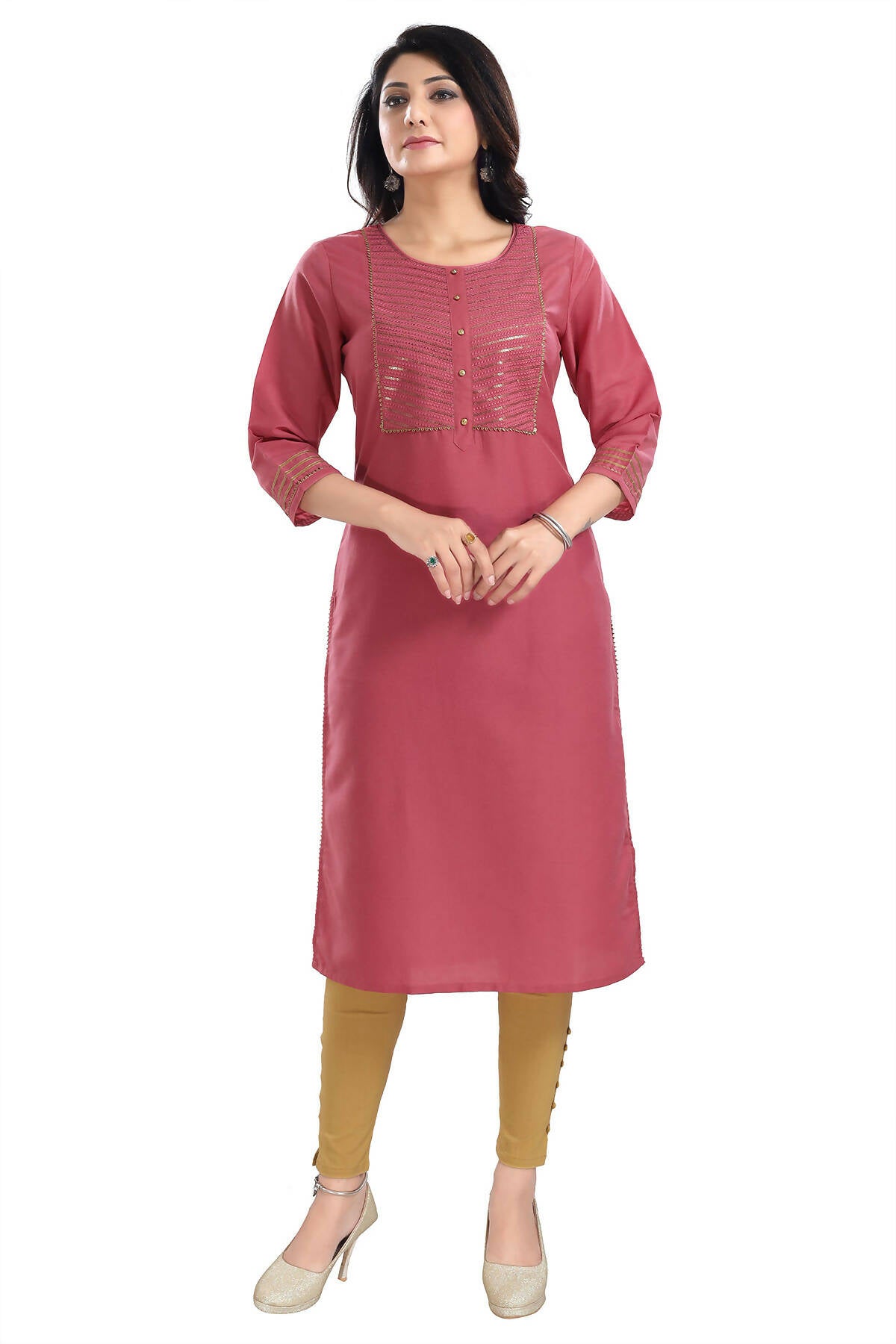 Snehal Creations Gorgeous Coral Art Silk Designer Long Kurti Tunic With Sequines Embroidery