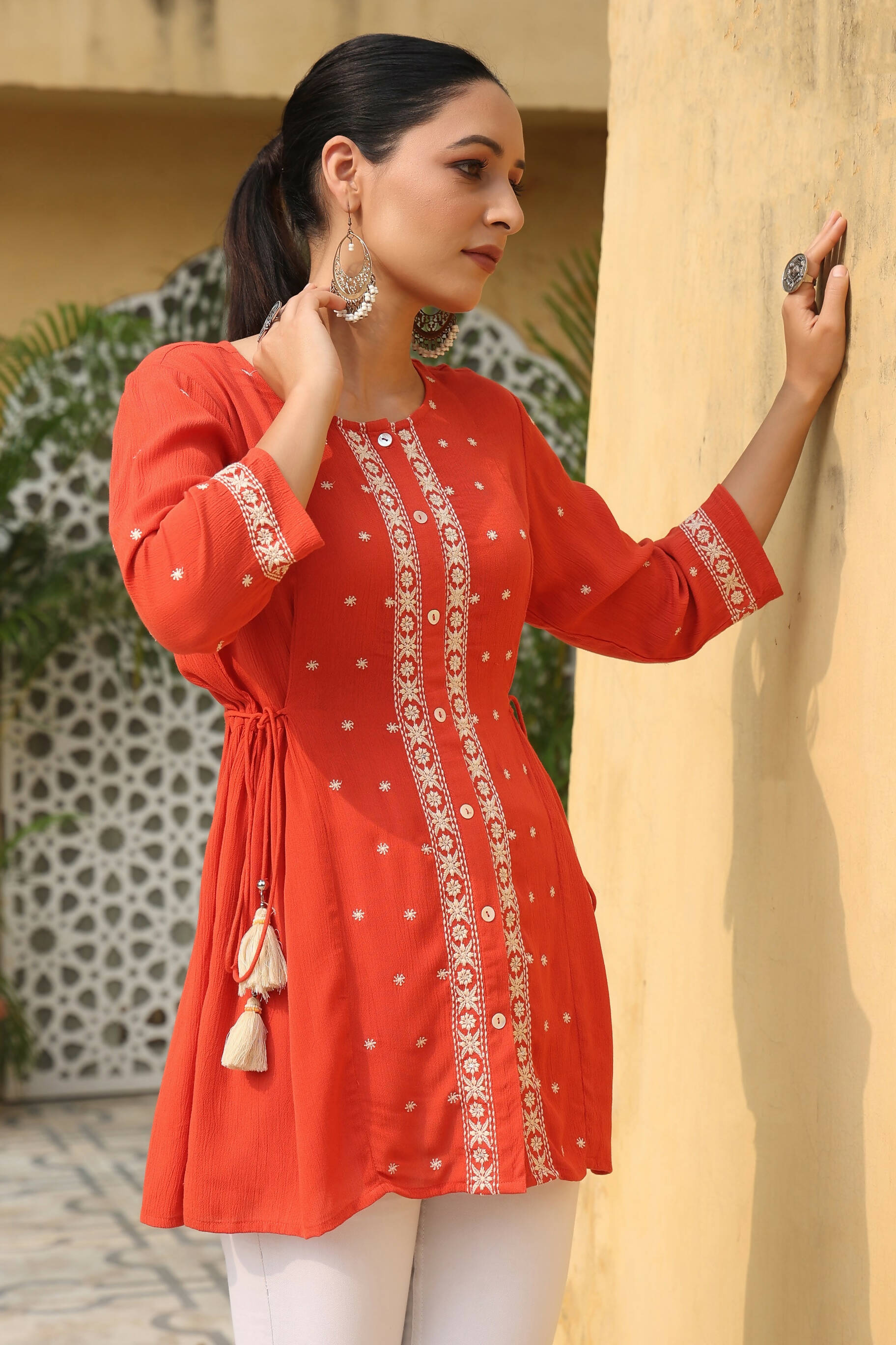 Juniper Women's Orange Rayon Crepe Embroidered Tunic
