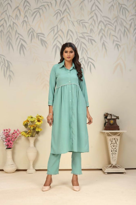 Jyoti Fashion Women's Sea Green Rinkal Cotton Plain with Side Pocket Kurtis & Sets | Swadesiicart