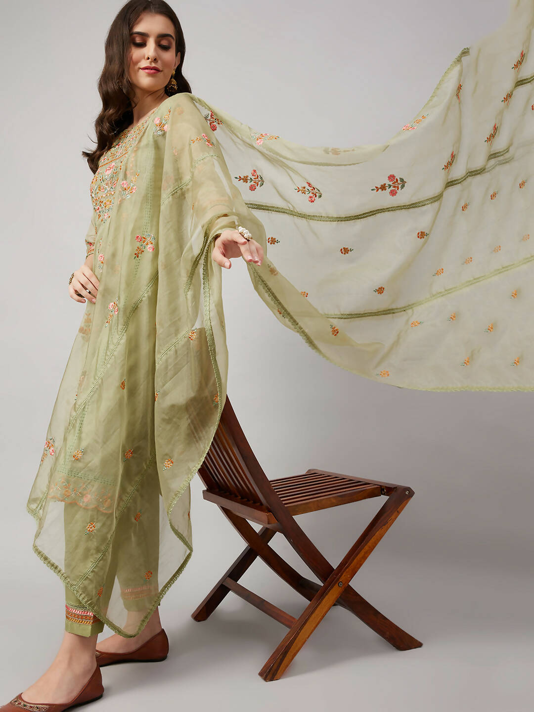 Green Organza Embroidered Kurta with Bottom & Dupatta - Salimar