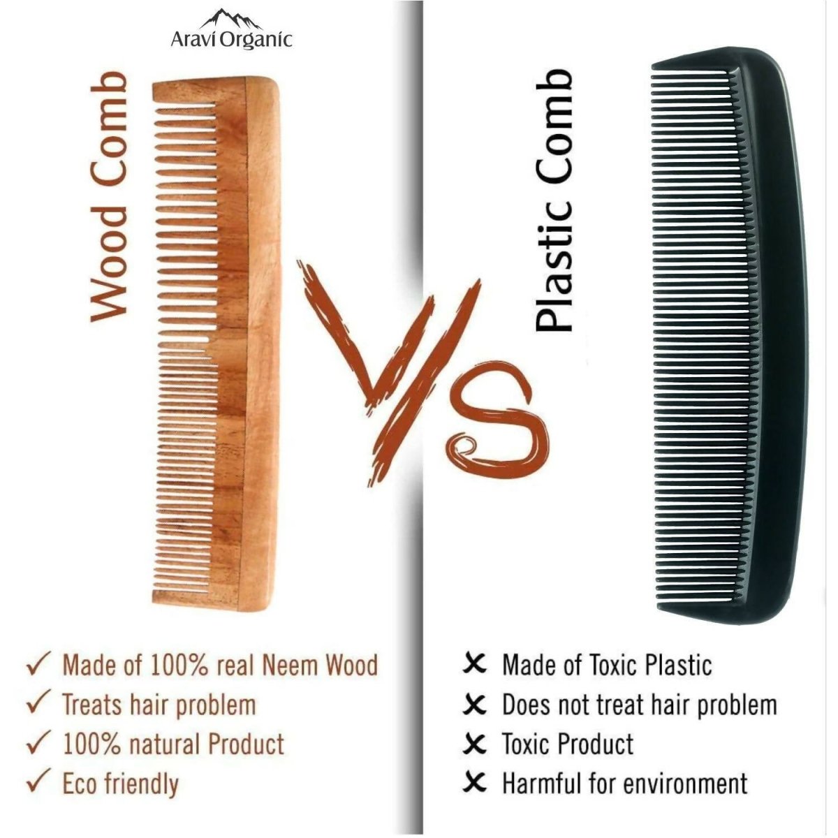 Aravi Organic Neem Wood Comb Fine and Wide Tooth 