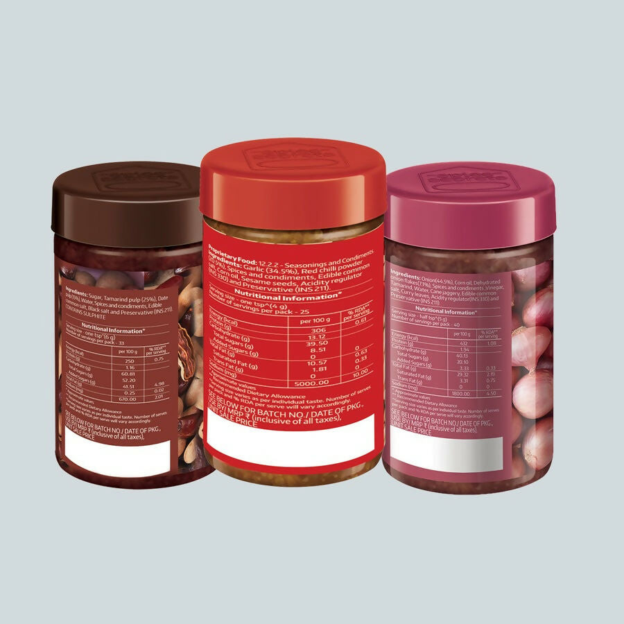 Society Onion Chutney & Dry Garlic Chutney & Tamarind Date Chutney Combo 