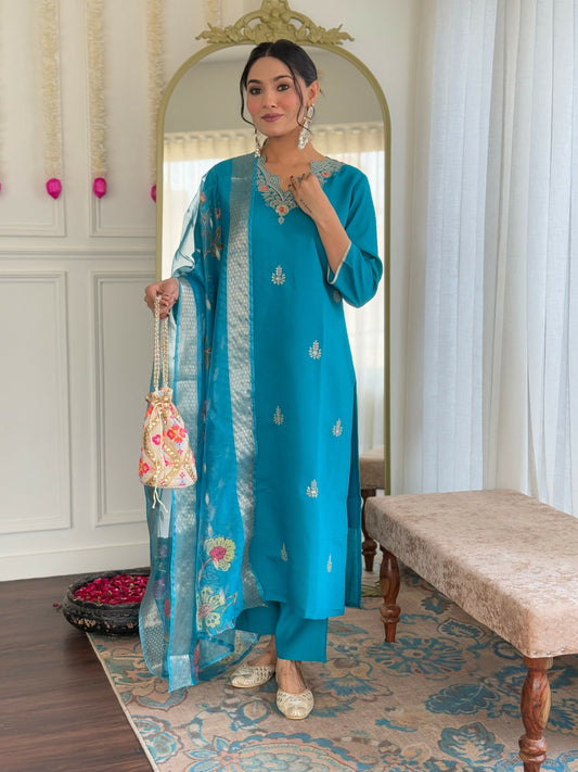 The52 Blue Women's Gorgeous Viscose Fabric Embroidered Work Straight Kurta, Pant and Dupatta Set | Grab2Buy
