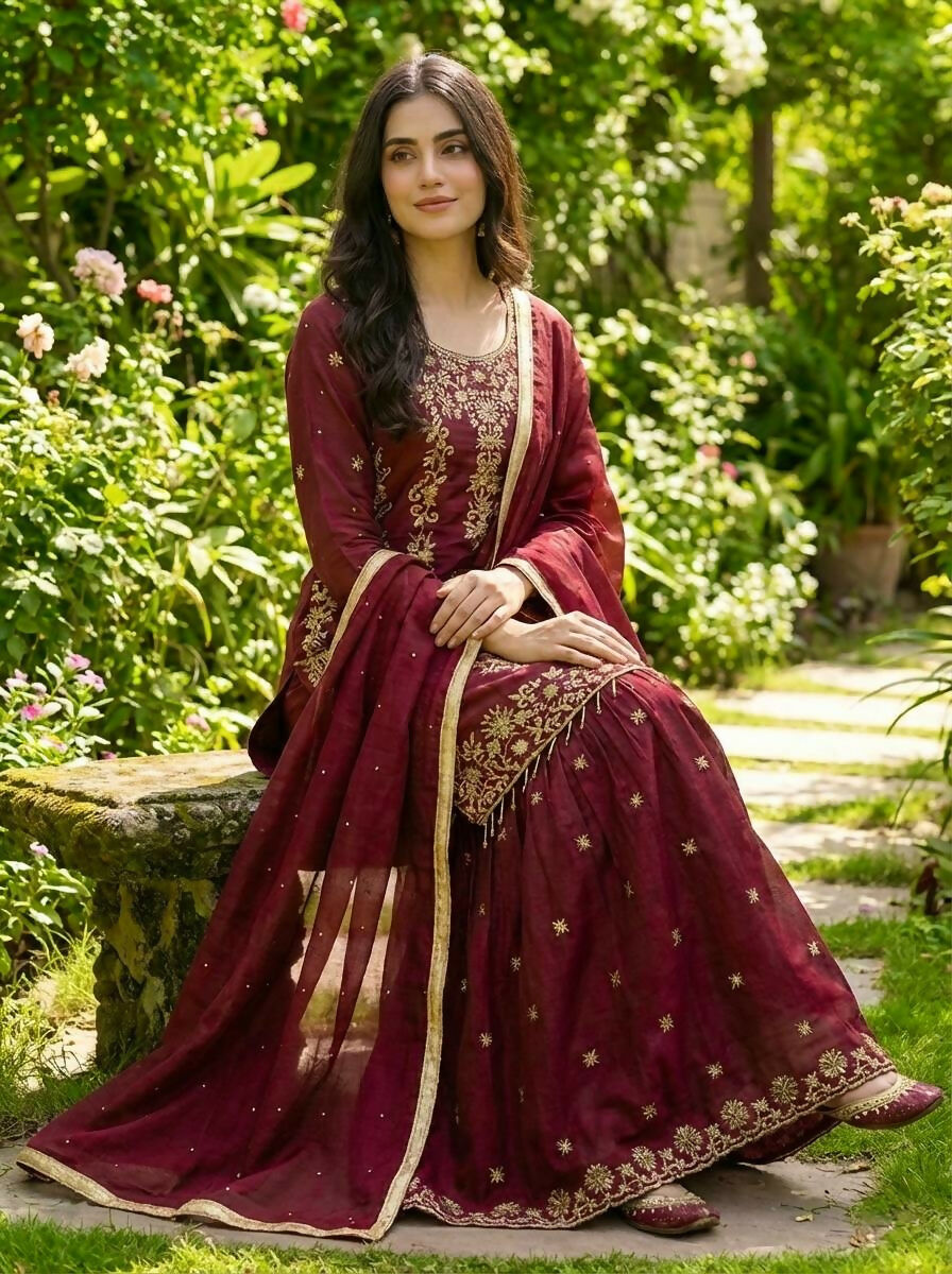 Teeya Creation Maroon Gimmy Silk Designer Embroidery Work Wedding Wear Palazzo Pair