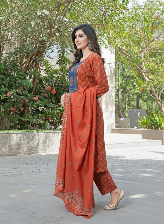 BulBul Aaliya Elegance Rust Cotton Kurta Set with Dupatta