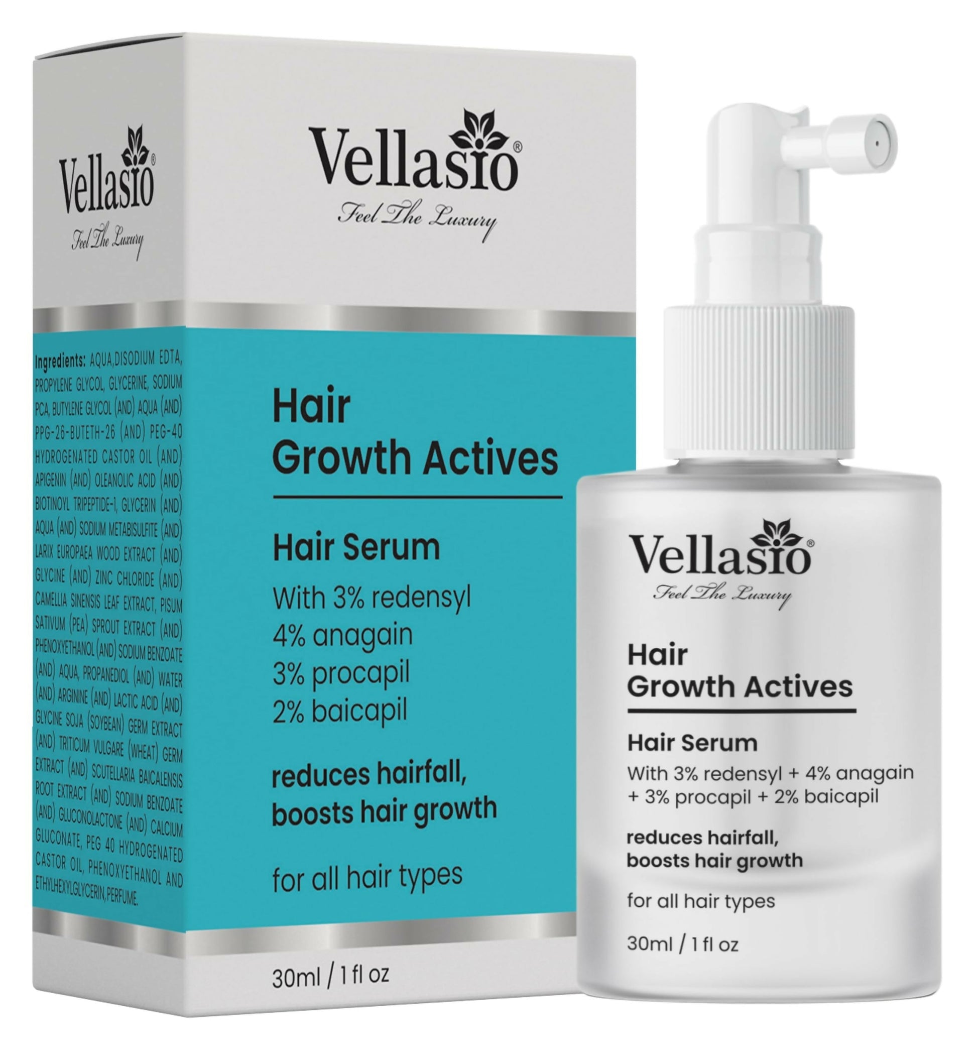 Vellasio Hair Growth Serum Actives - 3% Redensyl, 4% Anagain, 3% Procaoil, 2% Baicapil  Grab2Buy Vellasio Grab2Buy
