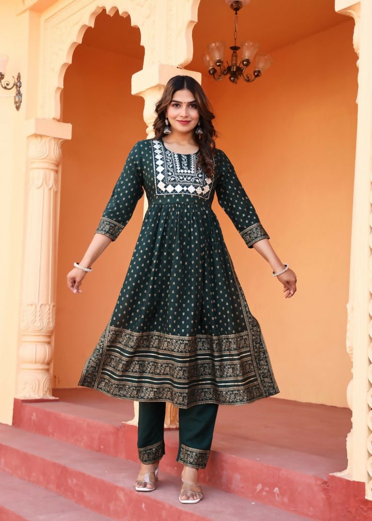 Alvano Women's Embroidery work Print Naira Cut Kurti with Pant and Dupatta set Rayon