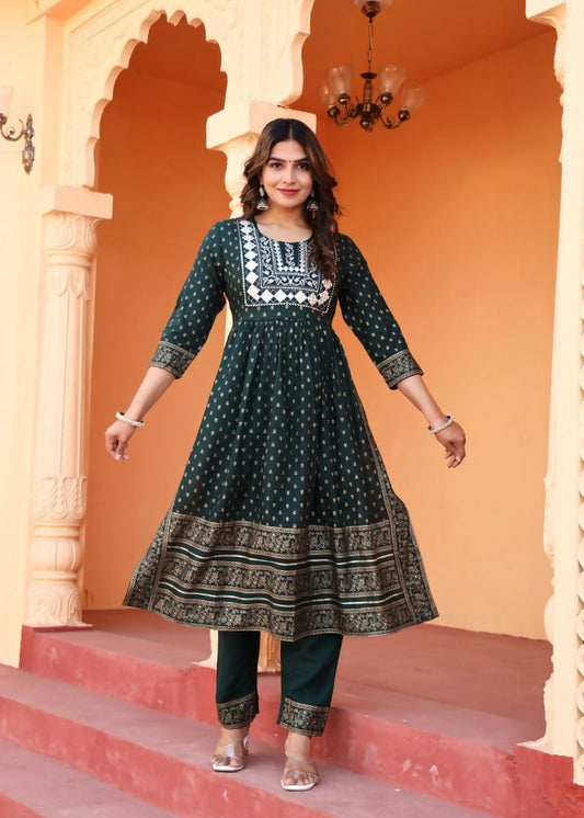 Alvano Women's Embroidery work Print Naira Cut Kurti with Pant and Dupatta set Rayon