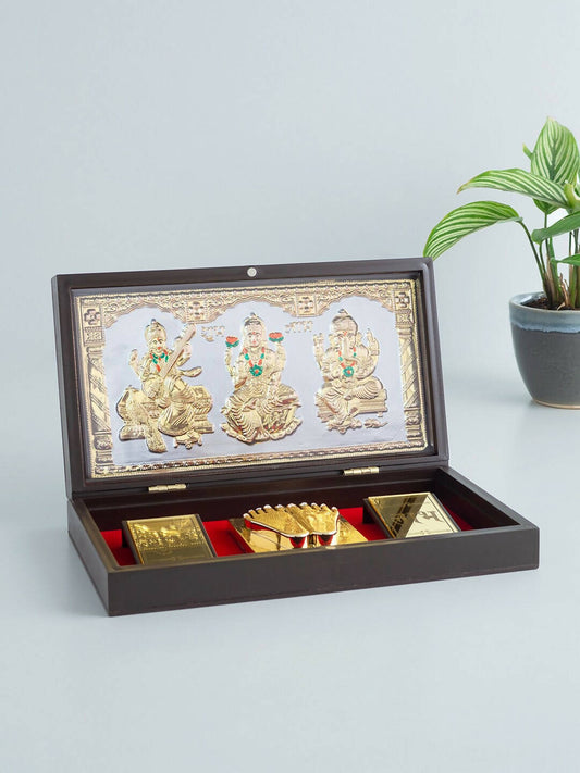 Golden Peacock 24 KT Gold-Polished Laxmi, Ganesha, Saraswati Pooja Box 