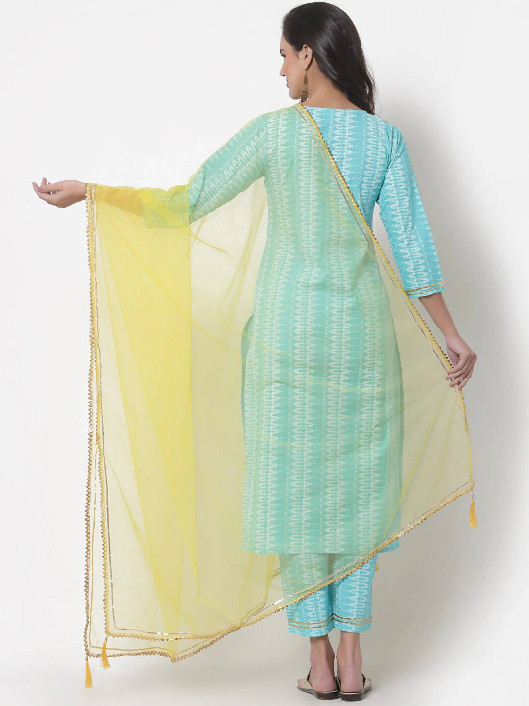 Myshka Women Turquoise Blue Layered Pure Cotton Kurti With Trousers & Dupatta
