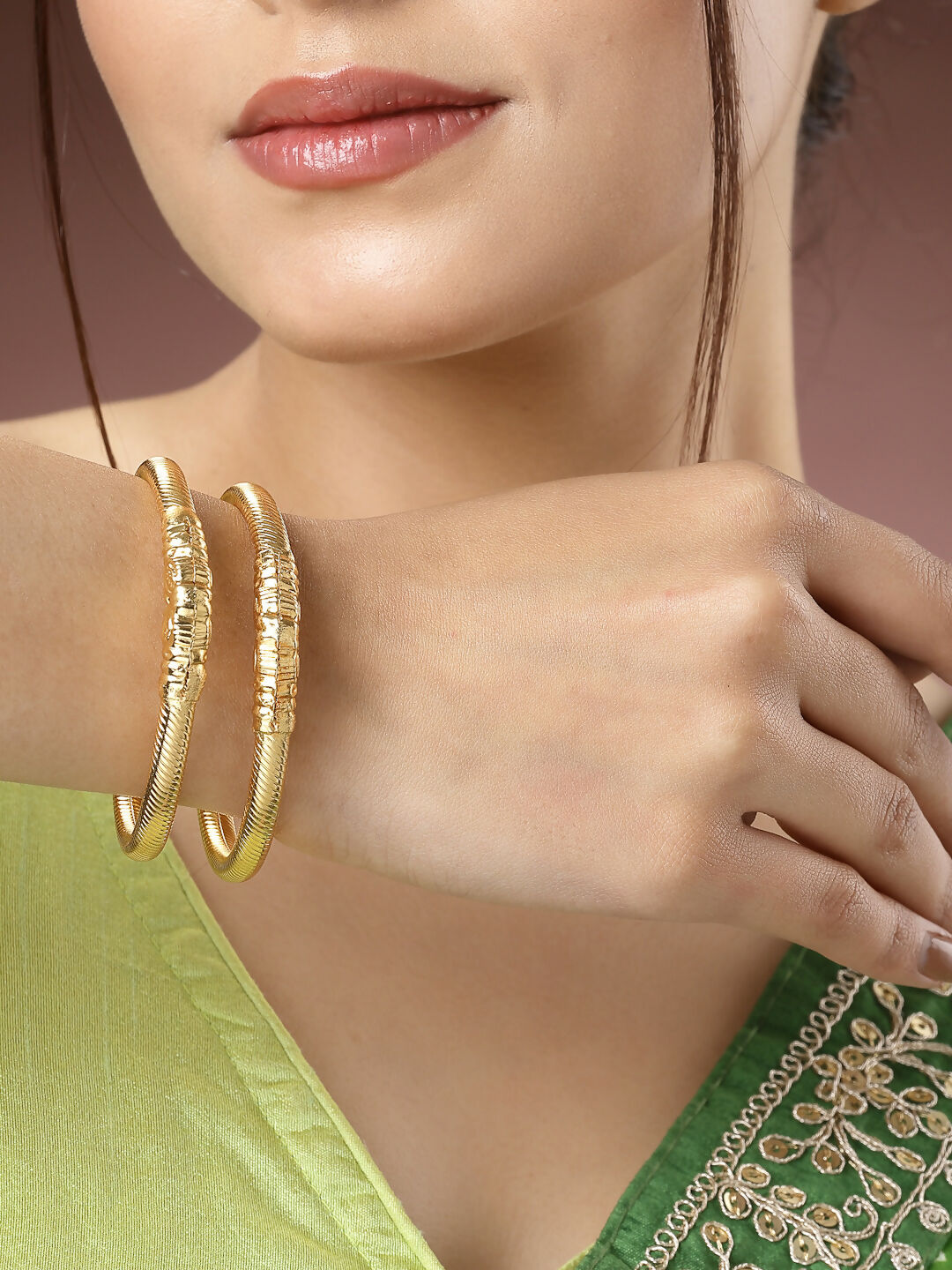 NVR Women's Set of 2 Gold-Polished Handcrafted Traditional Bangles