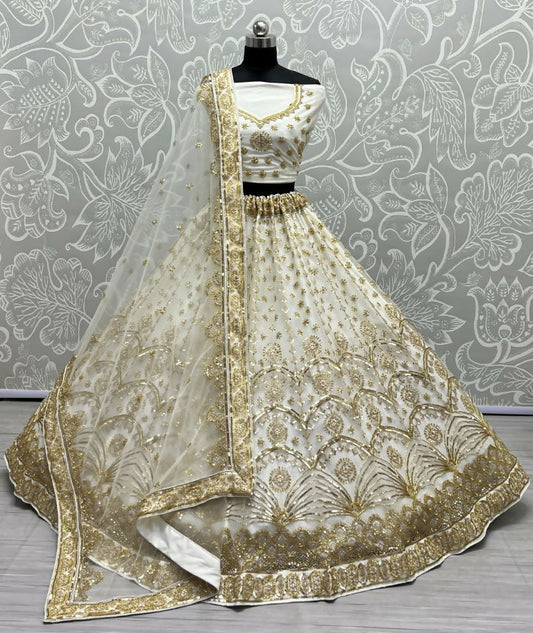 Jyoti Fashion Women's Off White Bridal Net Fancy Sequins with Multi Thread Embroidered & Handwork Wedding Lehenga Choli | Swadesiicart