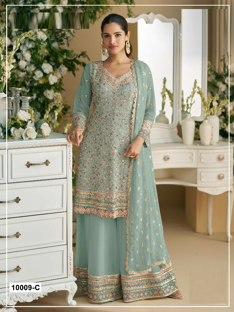 Anaita Sky-blue Embroderied Faux Georgette Stitched Plazzo Suit