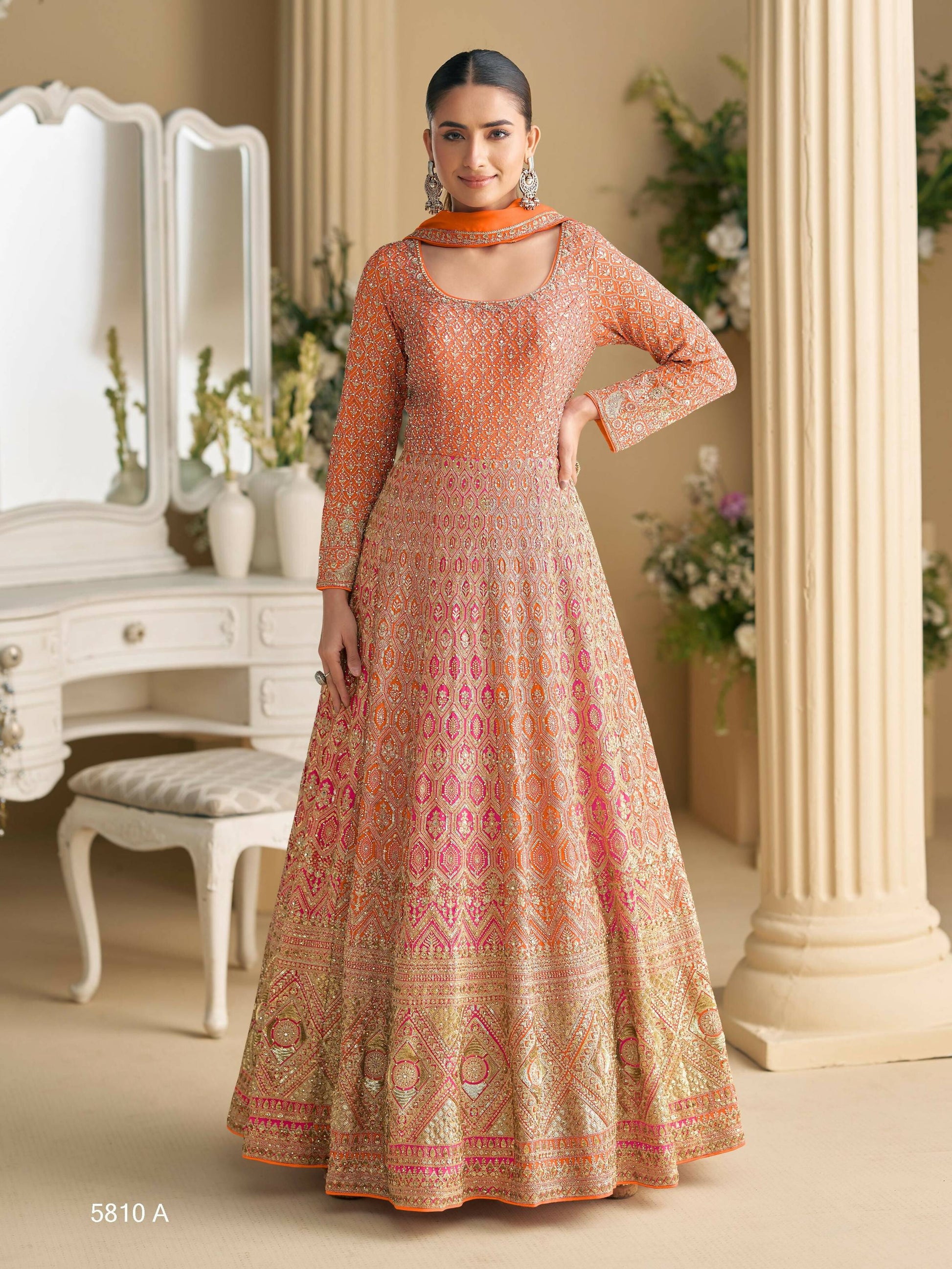 Anaita Orange Georgette Readymade Anarkali Suit with Embroidery Zarkan Work (Free Size)